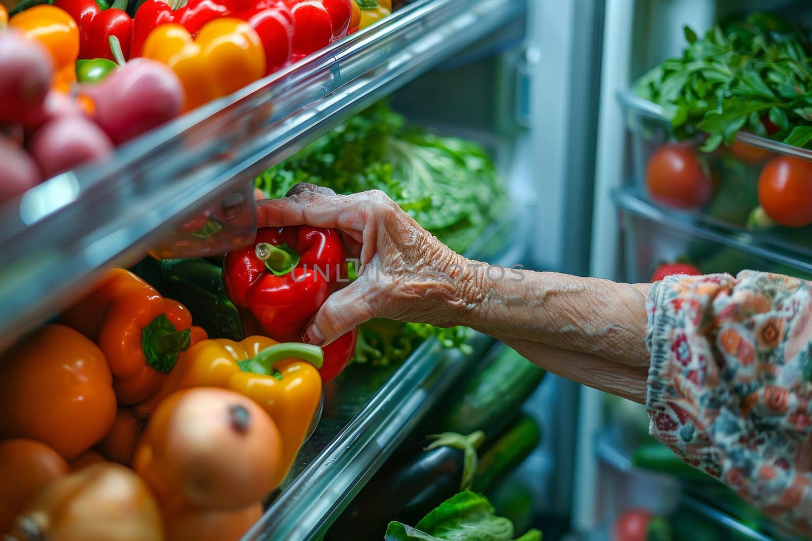 A woman reaching for a pepper in a refrigerator by itchaznong