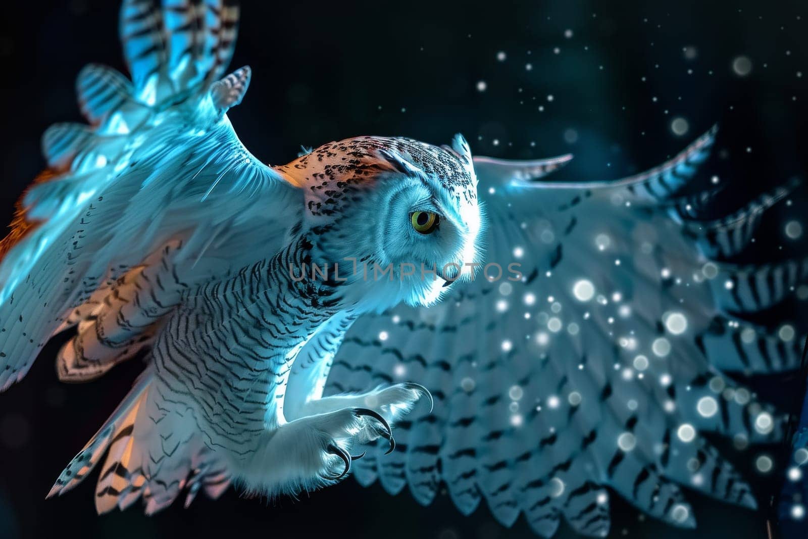 A white owl with black spots flying through the air. The owl is surrounded by a blue and white background, giving the impression of a dreamy, ethereal atmosphere