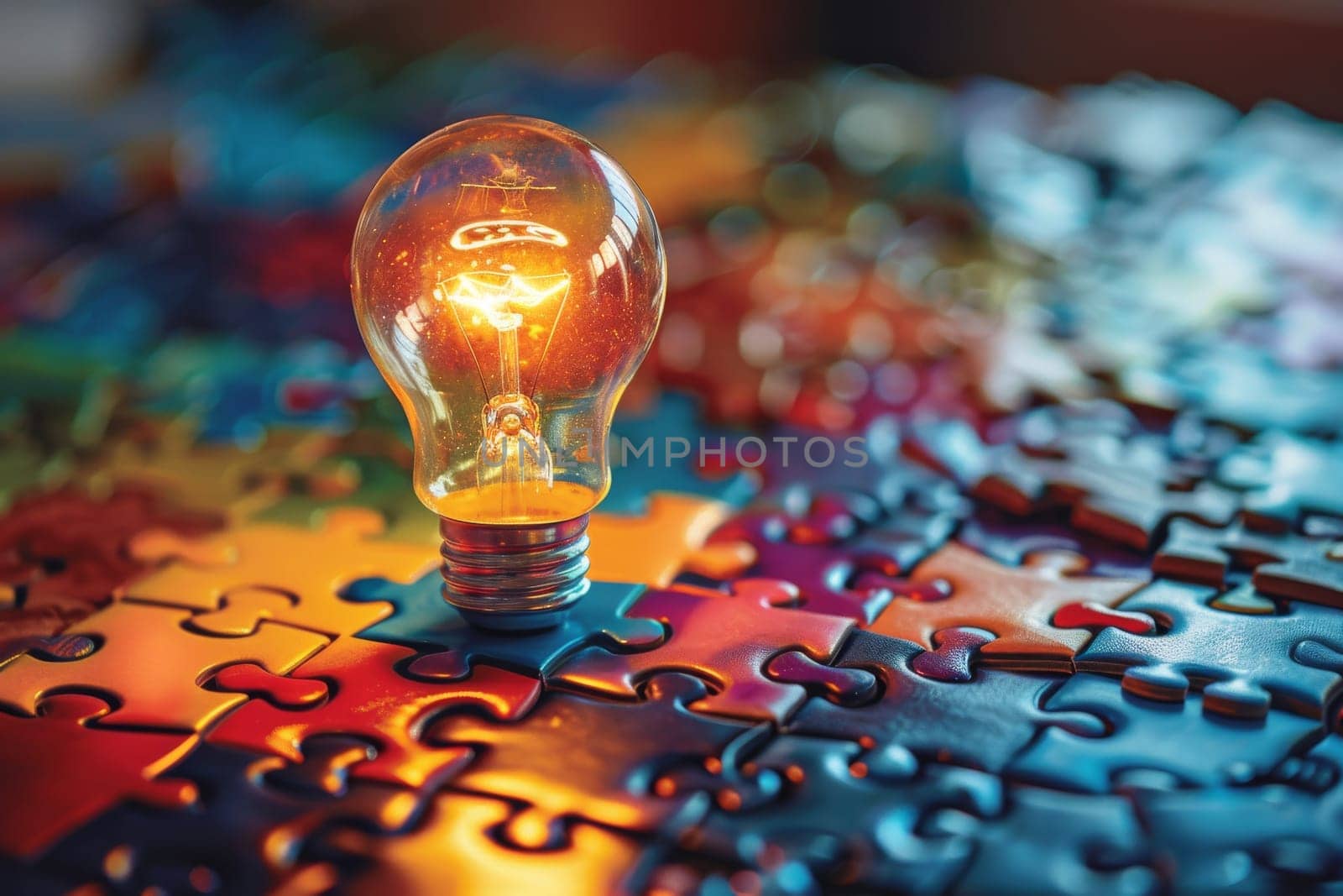 A light bulb is lit up on a puzzle piece. The puzzle piece is colorful and has a unique design. The light bulb adds a sense of warmth and brightness to the scene, making it feel cozy and inviting