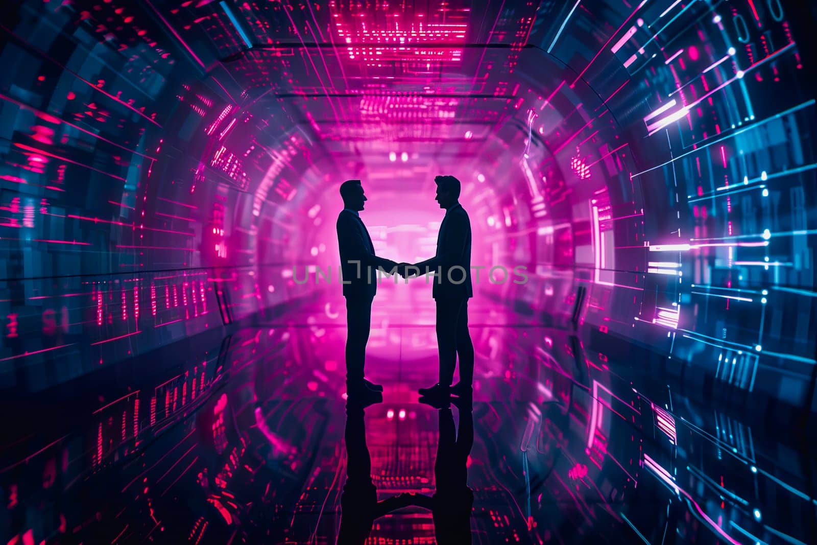 Handshake between business people and futuristic technology background. by Manastrong