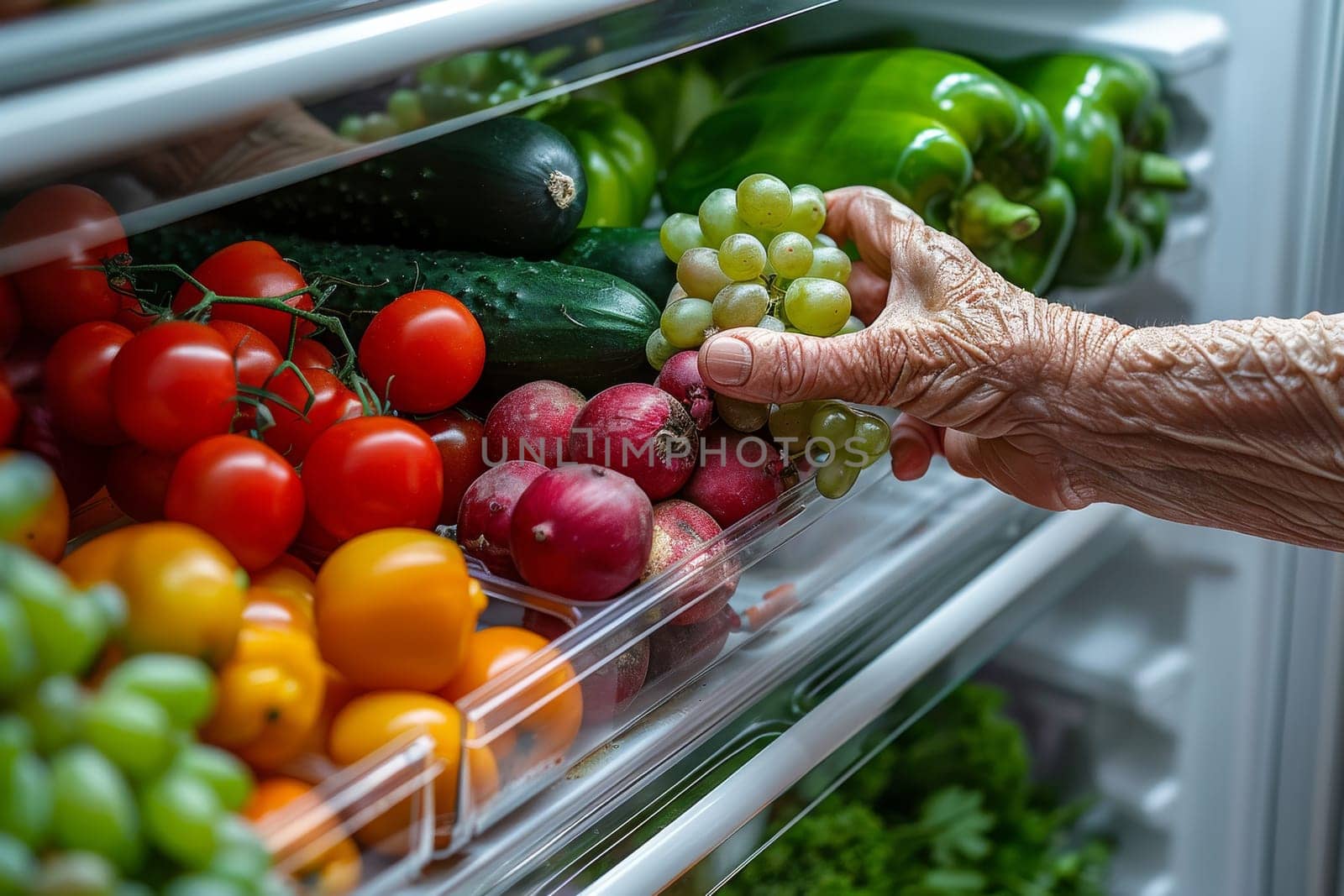 A woman reaching for a pepper in a refrigerator by itchaznong