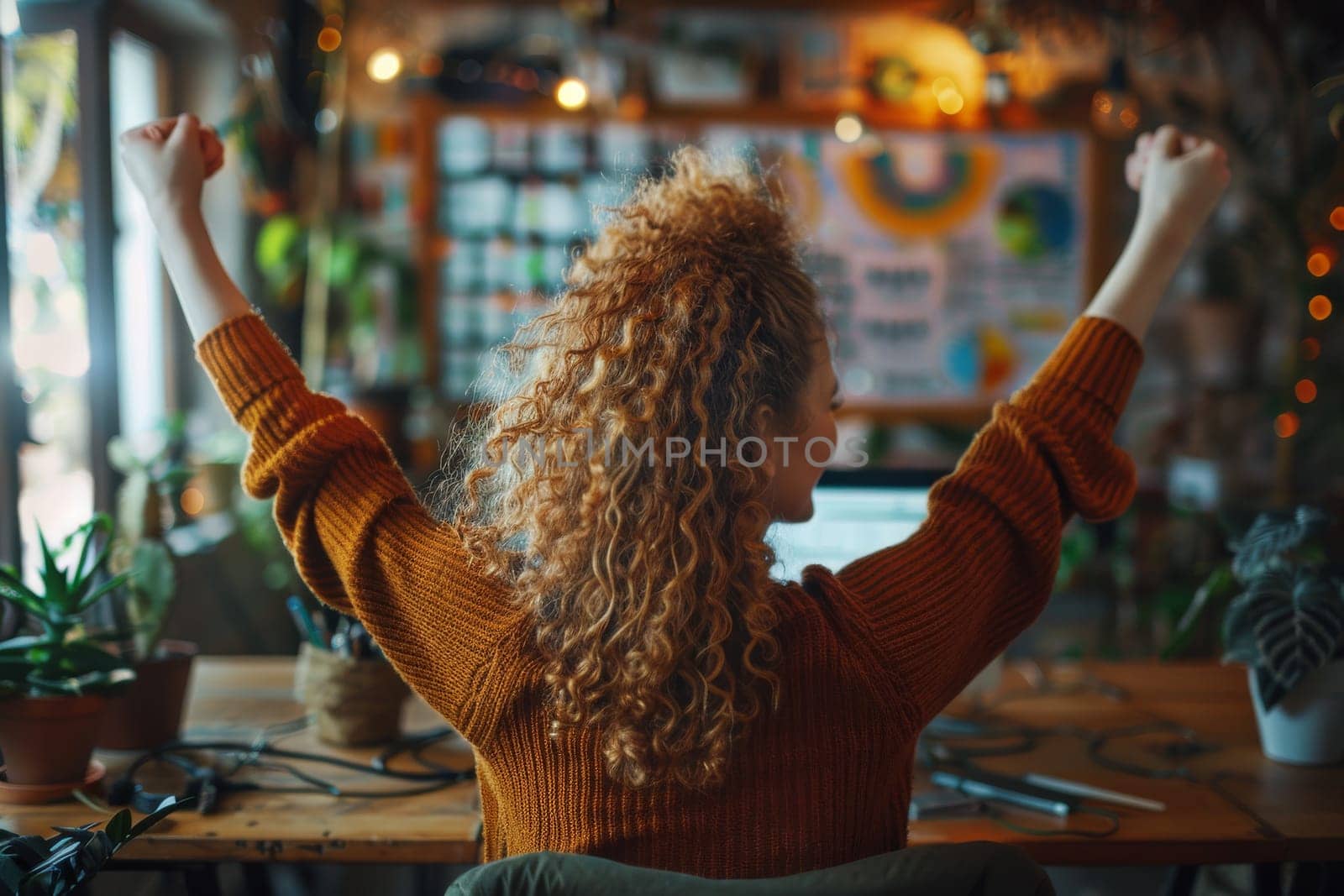 A woman with curly hair is standing and raising her arms in the air by itchaznong
