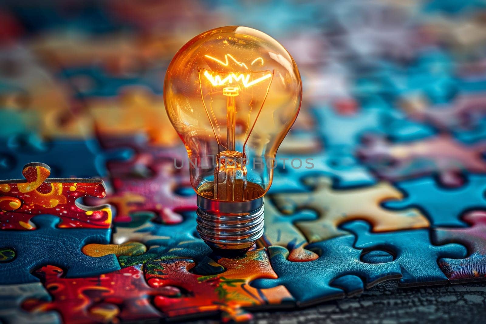 A light bulb is lit up on top of a jigsaw puzzle by itchaznong