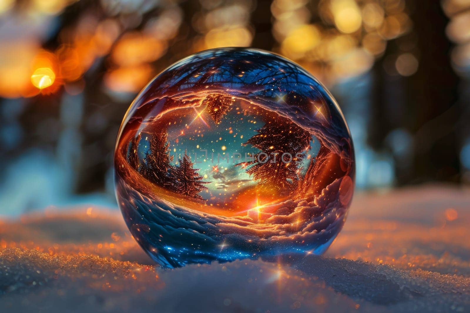 A glass ball with a reflection of a forest and a sunset. The ball is surrounded by snow and the reflection of the trees and the sky creates a serene and peaceful atmosphere