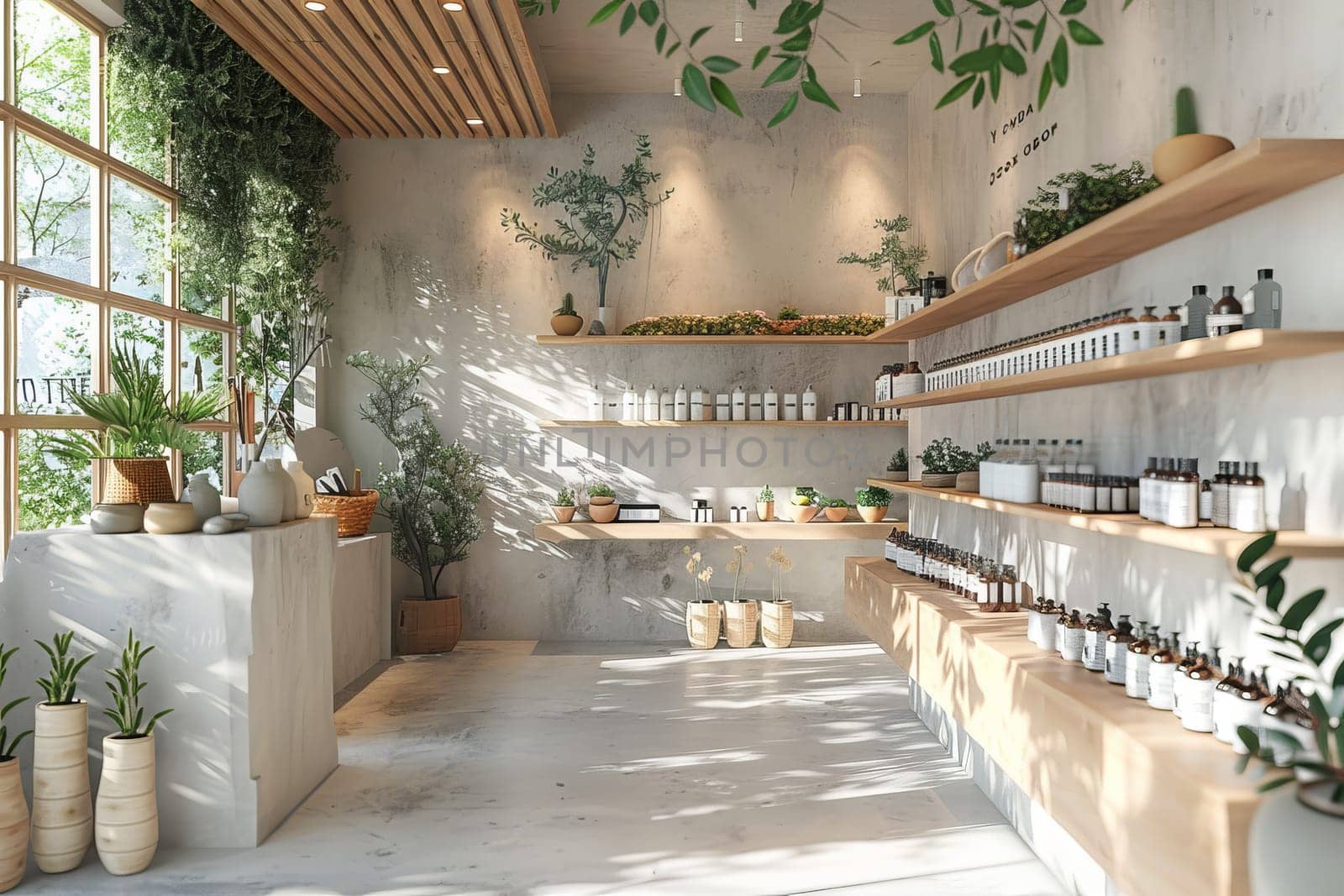 A store with shelves full of products and plants. The store is bright and inviting, with sunlight streaming in through the windows. The plants add a touch of nature to the space