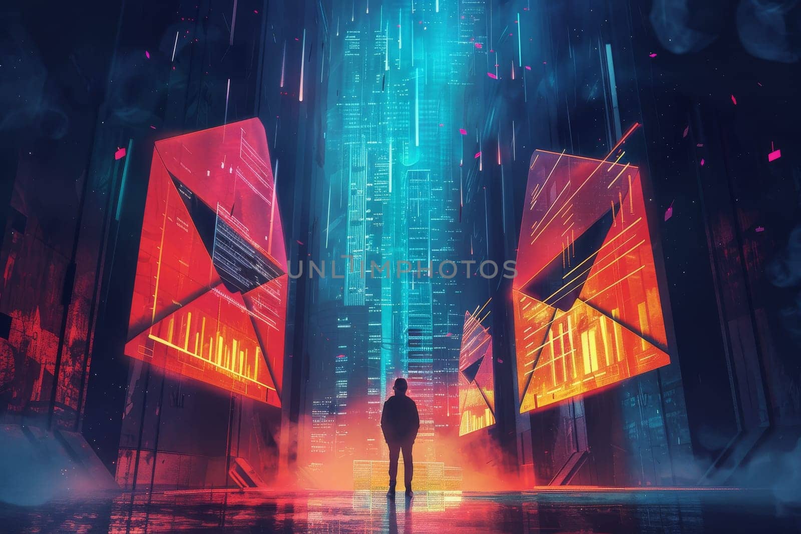 A man stands in front of two red boxes with a blue background. The boxes are shaped like envelopes and the man is looking at them. The scene is set in a city with a futuristic feel