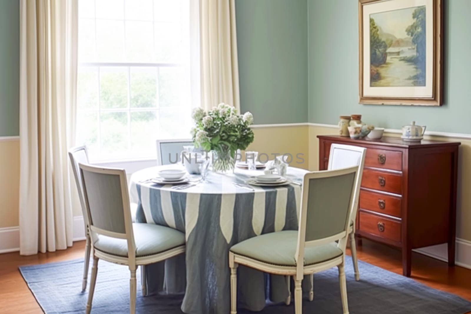 Dining room decor, interior design and house improvement, elegant table with chairs, furniture and classic blue home decor, country cottage style by Anneleven