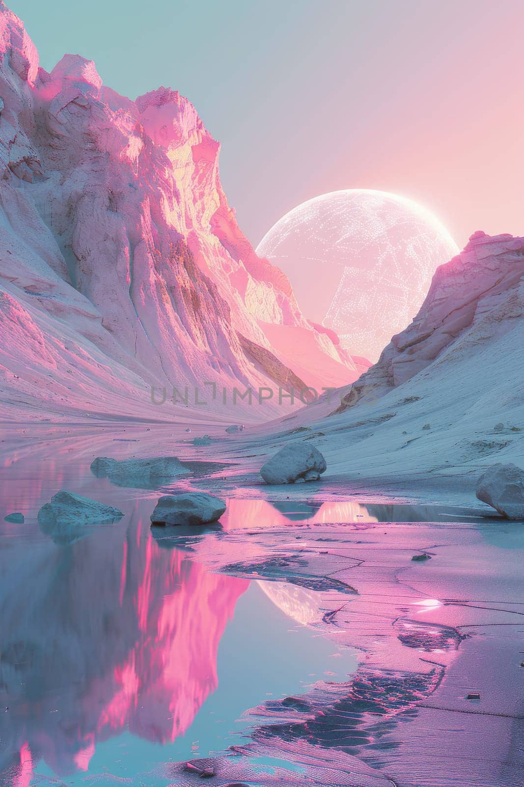 A mountain range with a pink moon in the sky. The sky is pink and the mountains are covered in snow
