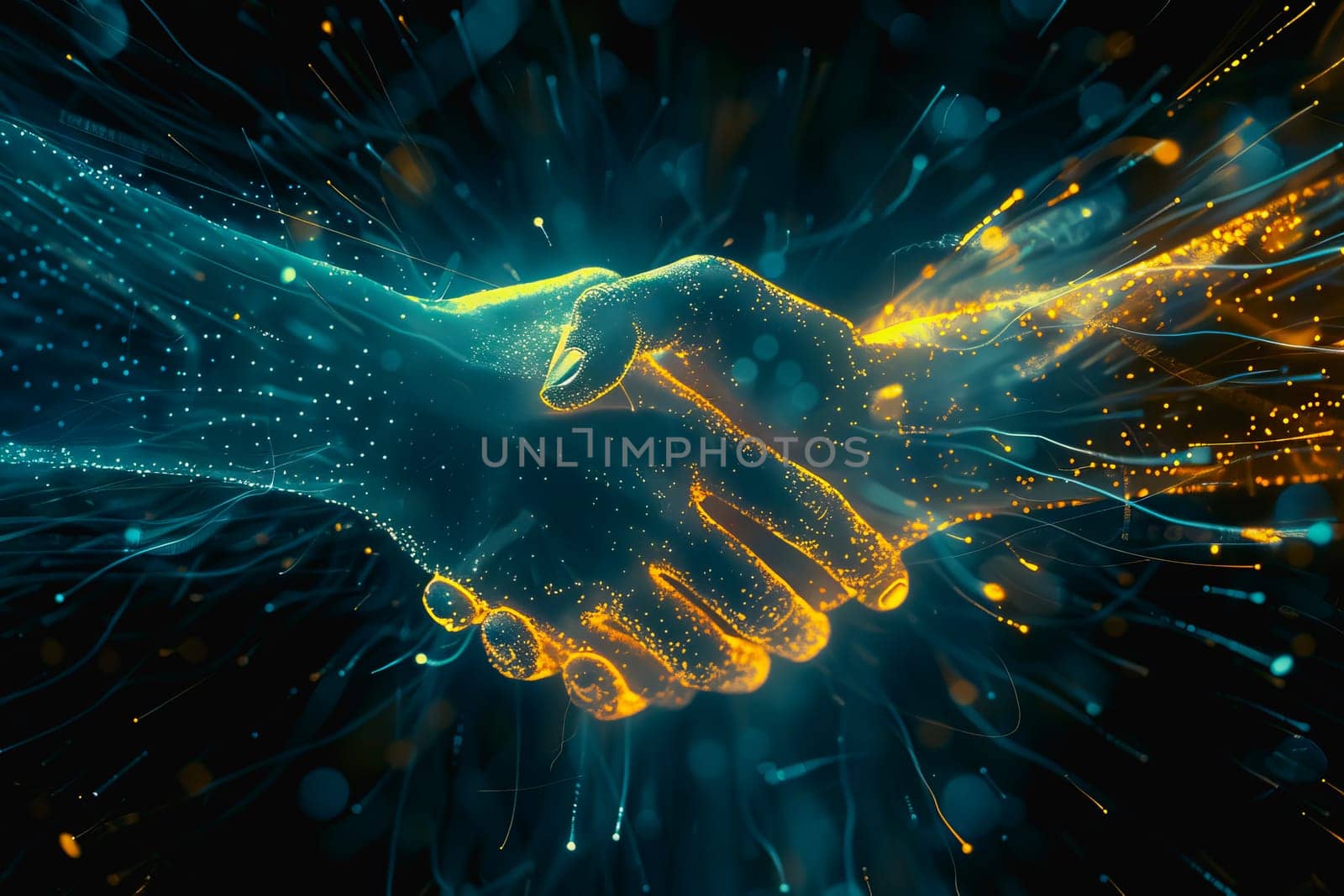 Powerful handshake, background business digital format in abstract technology of the future. by Manastrong