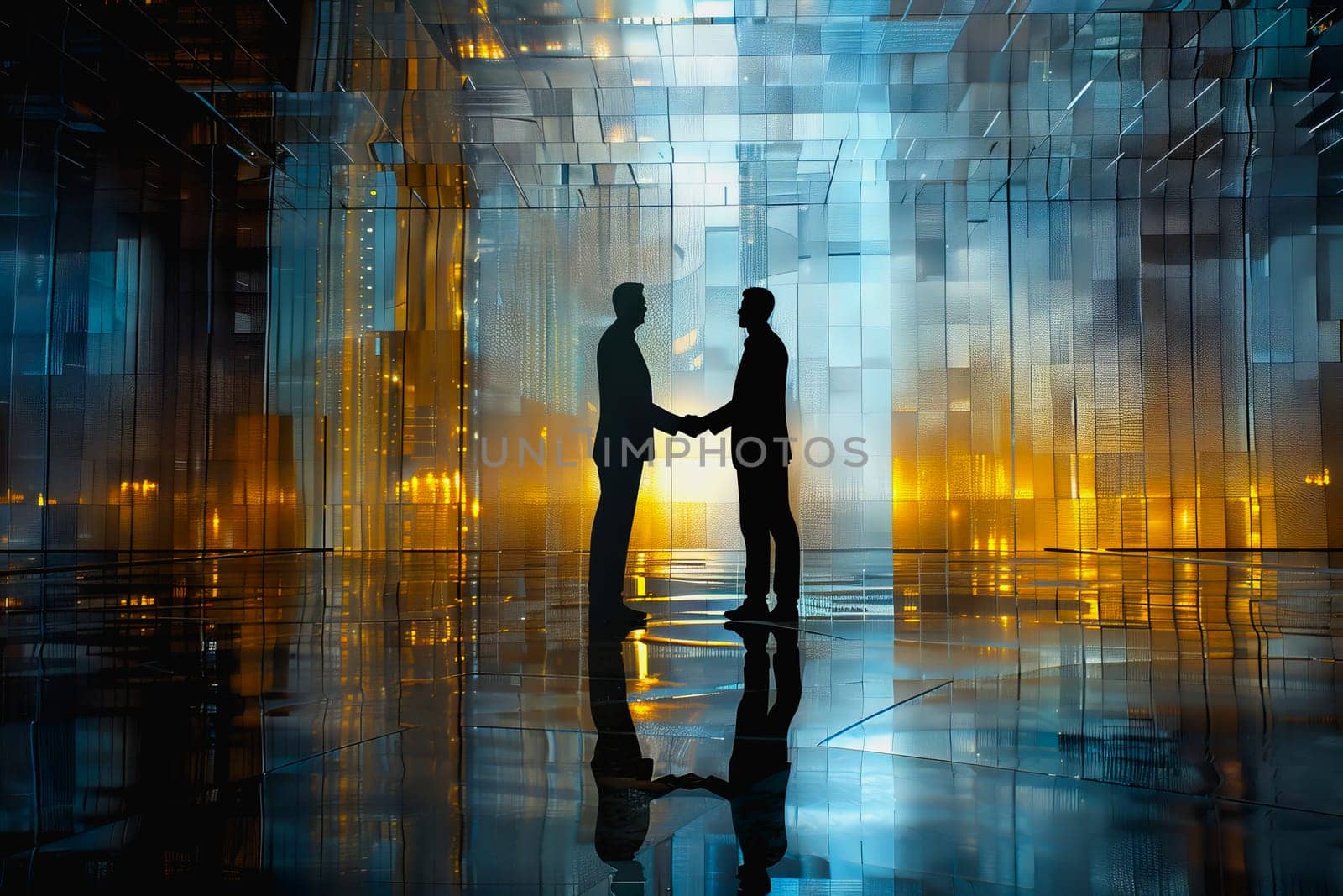 Handshake between business people and futuristic technology background. by Manastrong