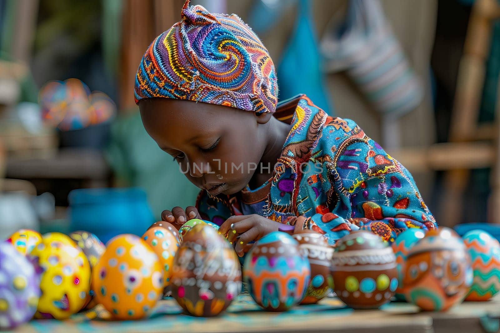 A young child is creatively adorning Easter eggs with vibrant colors.