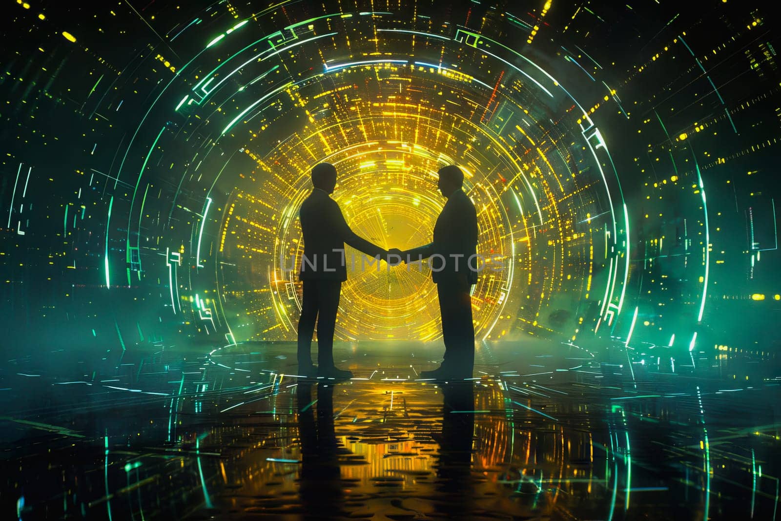 Handshake between business people and futuristic technology background