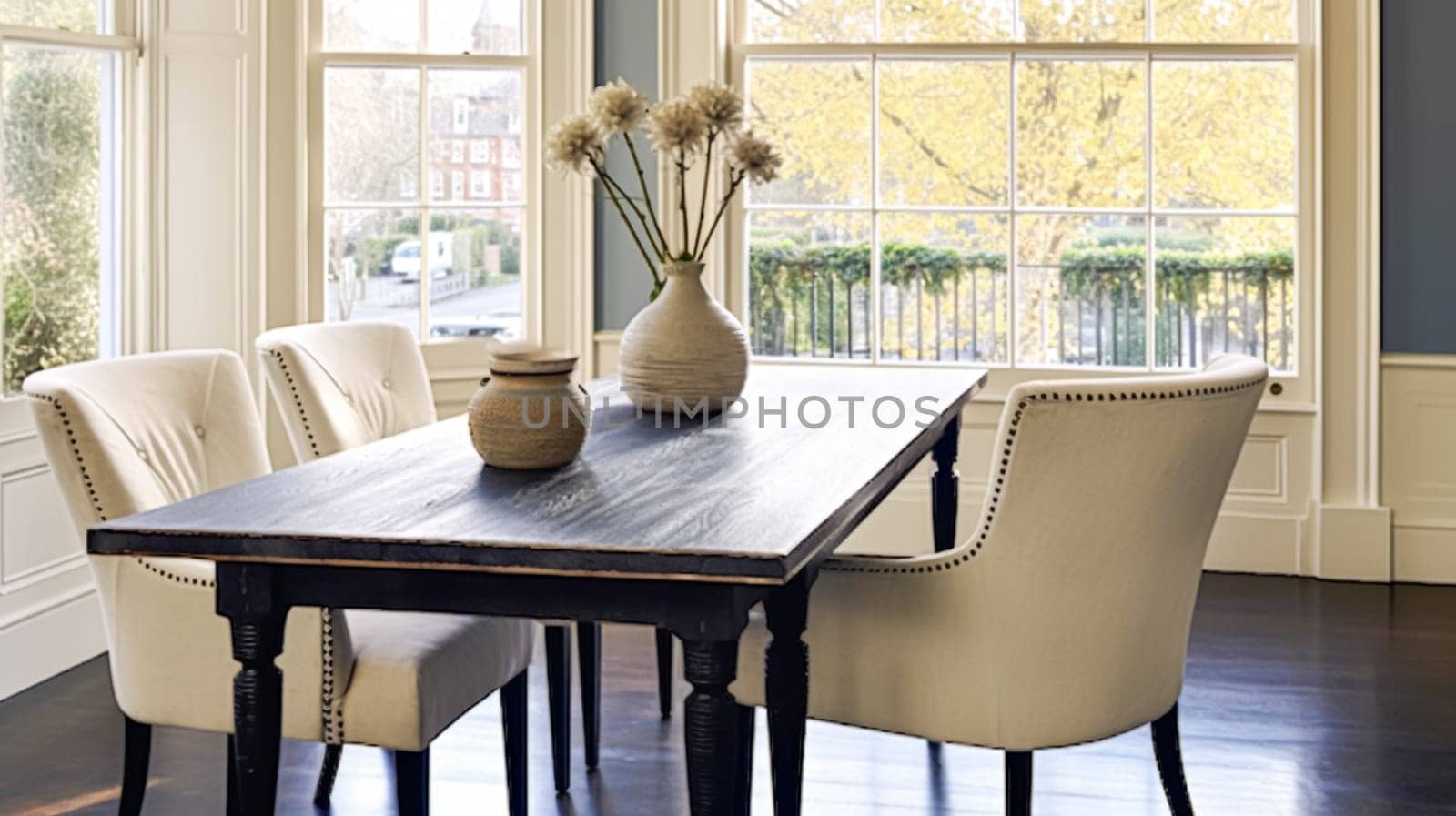 Modern cottage dining room decor, interior design and country house furniture, home decor, black table and white chairs, English countryside style interiors