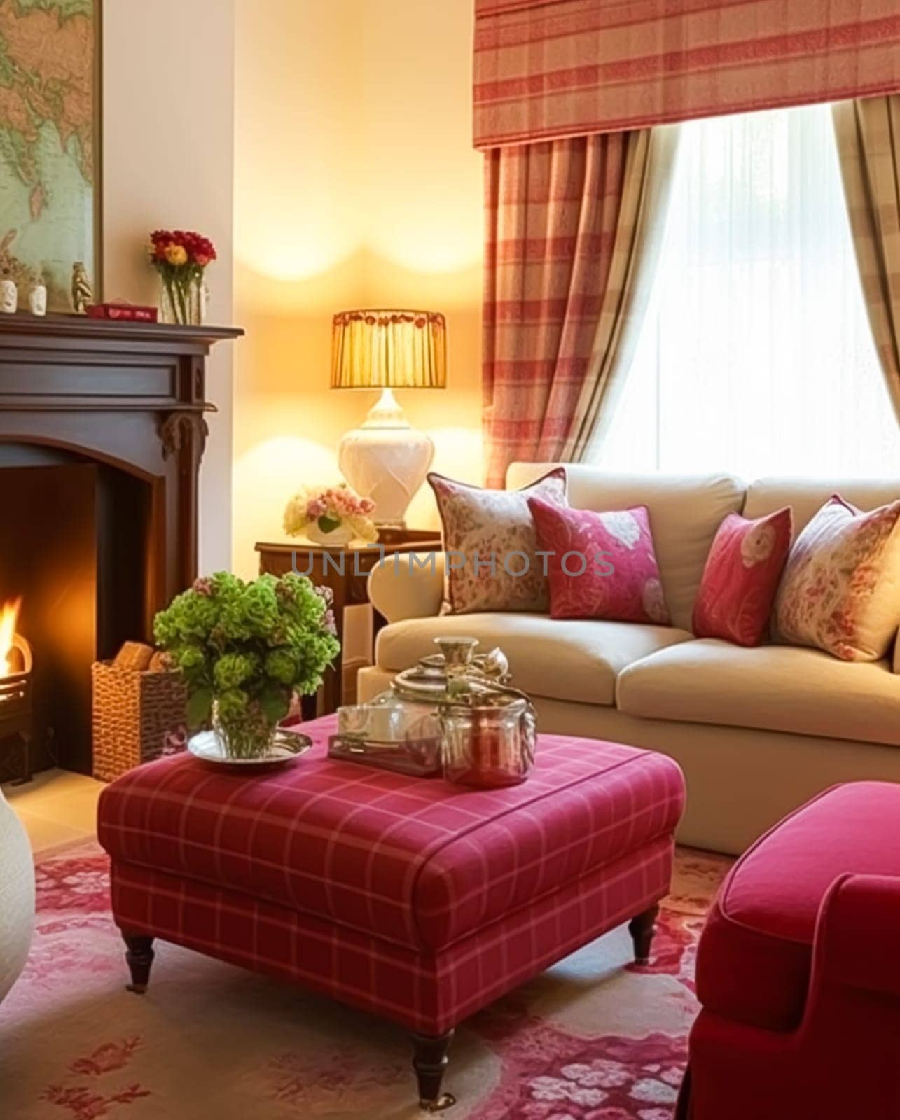 Traditional sitting room decor, interior design, red pink living room furniture, sofa and home decor in English country house and elegant cottage style, post-processed, generative ai