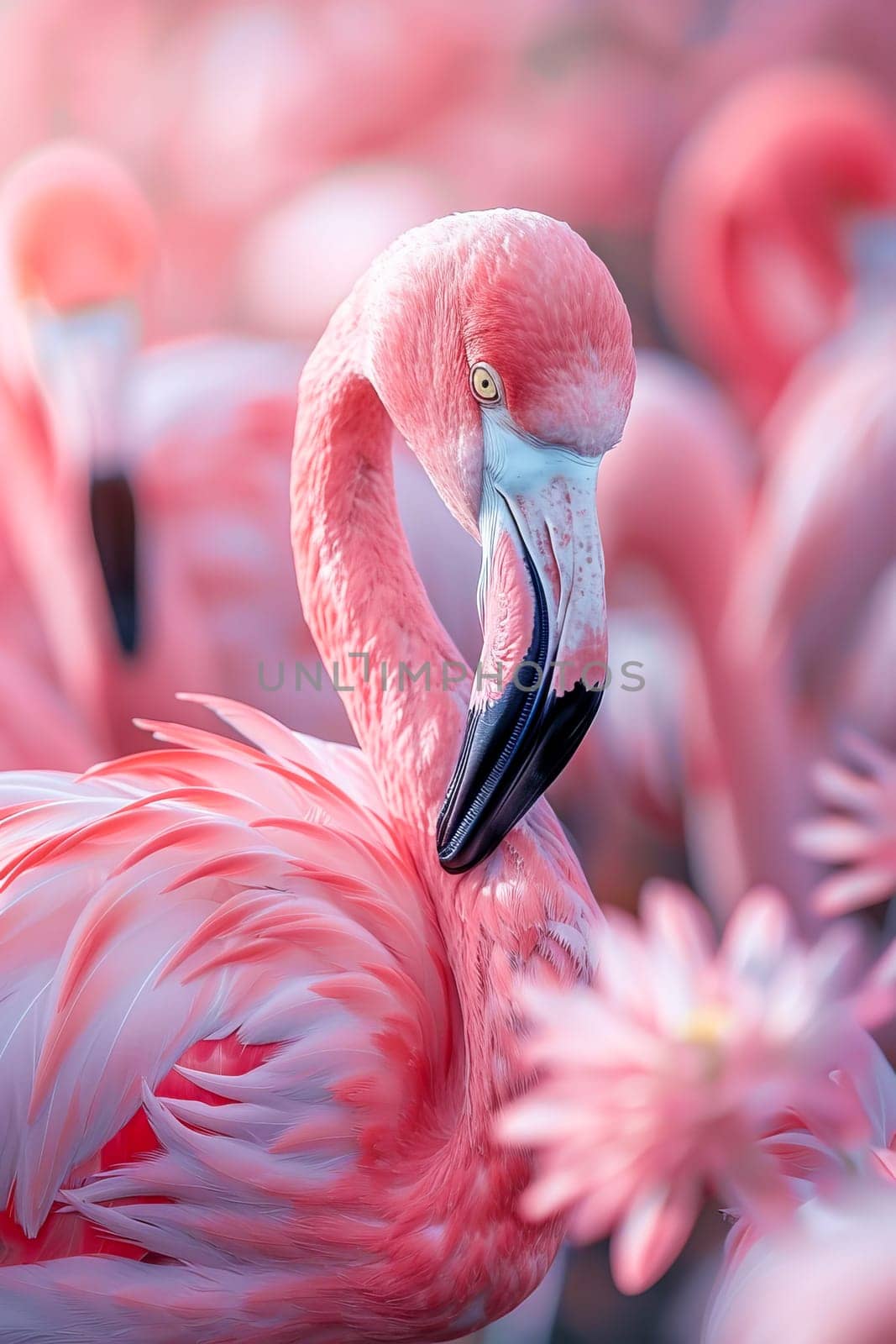 Image of a flamingo in surrealism style with flowers, pastel colors.