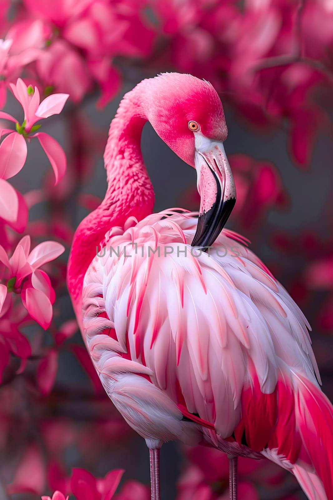 Image of a flamingo in surrealism style with flowers, pastel colors.