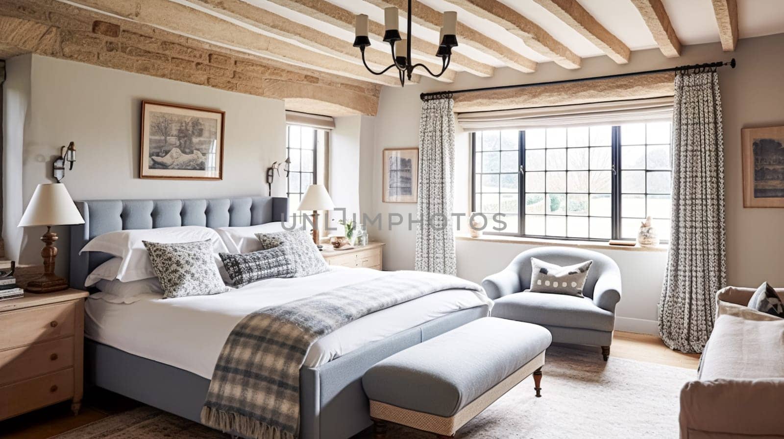 Cottage style bedroom decor, interior design and home decor, bed with elegant bedding and bespoke furniture, English country house or holiday rental by Anneleven