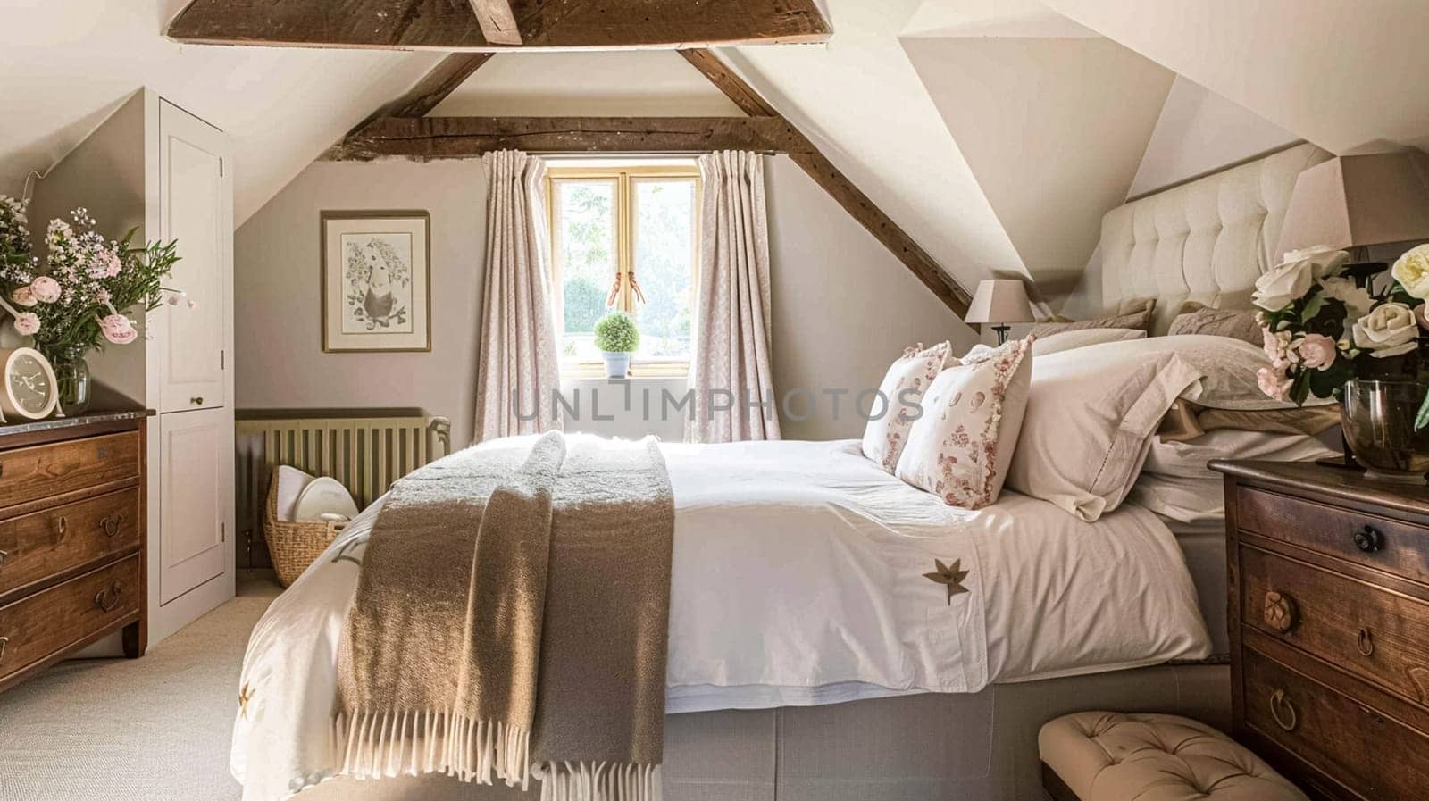 Cotswolds cottage style bedroom decor, interior design and home decor, bed with elegant bedding and bespoke furniture, English countryside house or holiday rental by Anneleven