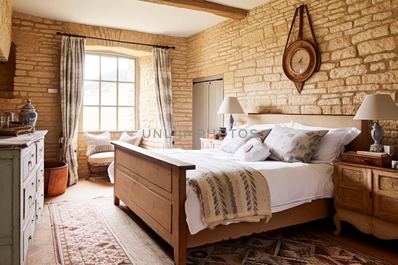 Antique cottage bedroom decor, interior design and holiday rental, bed with elegant bedding and furniture, English country house style, post-processed, generative ai