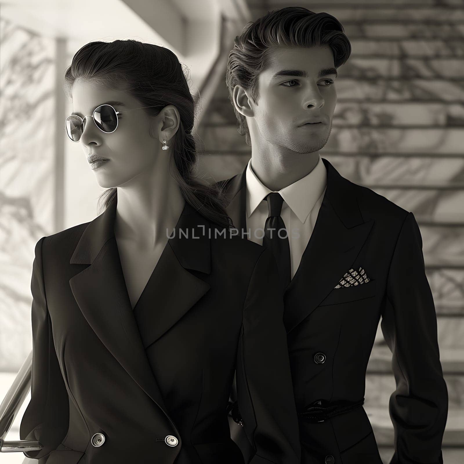 A man and a woman stand on stairs, both in stylish outerwear by Nadtochiy