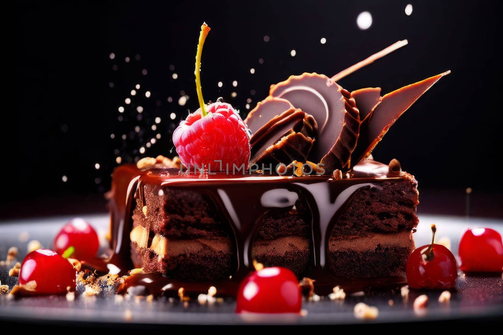 Decadent chocolate cake topped with luscious cherries, drizzled with rich chocolate sauce. For creating recipes on culinary websites, blogs, promoting food products on social media platforms