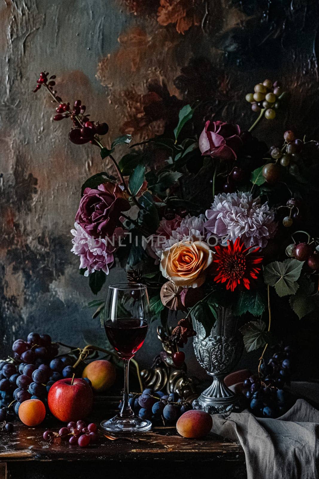 Classic floral still life fine art print, composition with rich arrangement of flowers and fresh fruits and a glass of wine, accented by lush vintage florals, English countryside art style by Anneleven