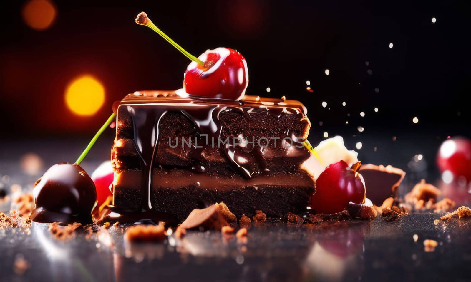 Decadent chocolate cake topped with luscious cherries, drizzled with rich chocolate sauce. For creating recipes on culinary websites, blogs, promoting food products on social media platforms. by Angelsmoon
