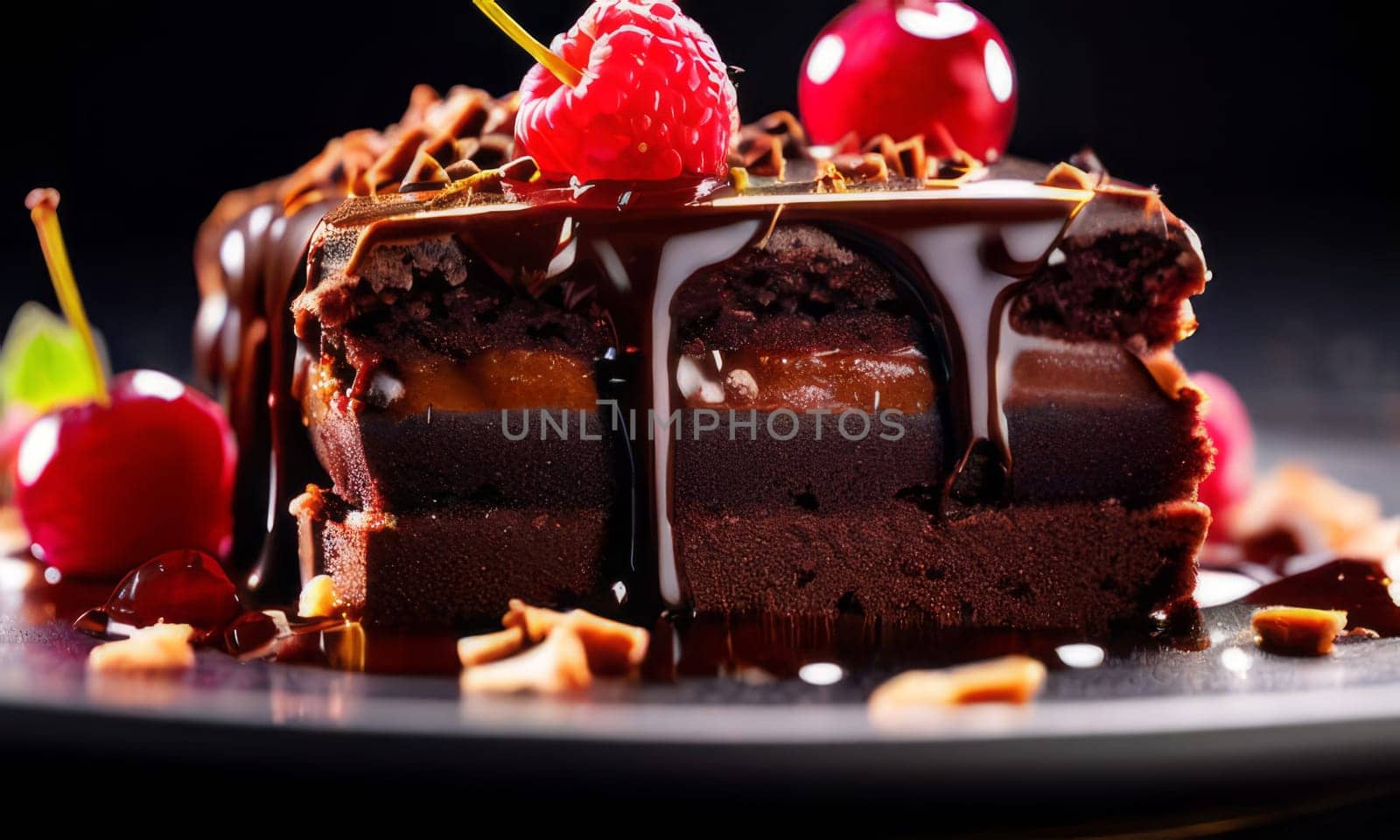 Decadent chocolate cake topped with luscious cherries, drizzled with rich chocolate sauce. For creating recipes on culinary websites, blogs, promoting food products on social media platforms. by Angelsmoon