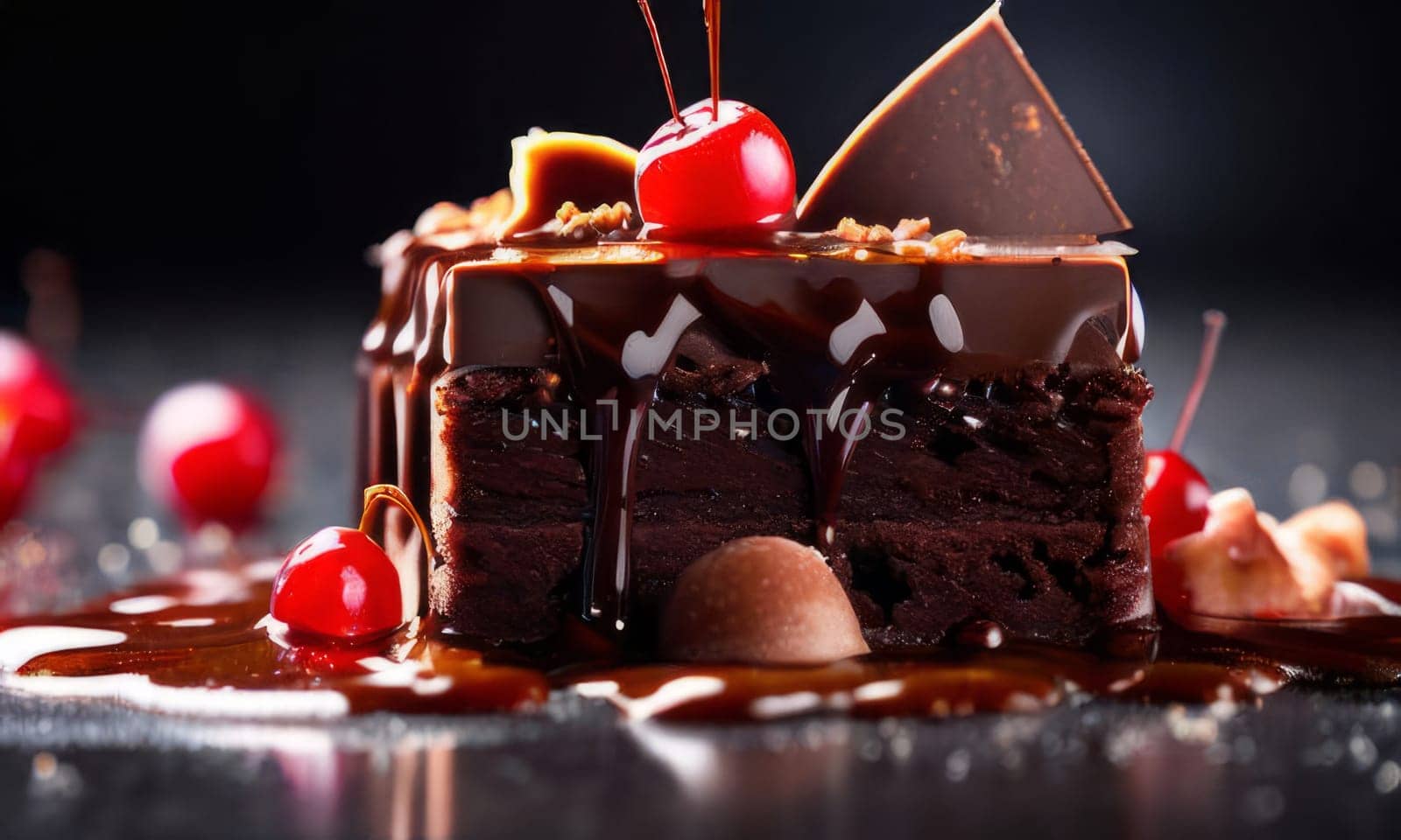 Decadent chocolate cake topped with luscious cherries, drizzled with rich chocolate sauce. For creating recipes on culinary websites, blogs, promoting food products on social media platforms