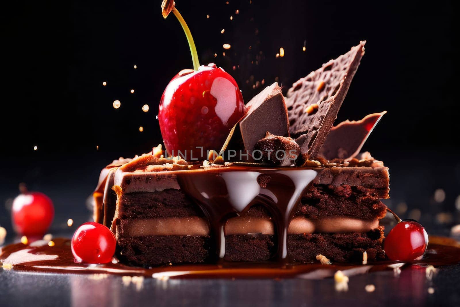 Decadent chocolate cake topped with luscious cherries, drizzled with rich chocolate sauce. For creating recipes on culinary websites, blogs, promoting food products on social media platforms