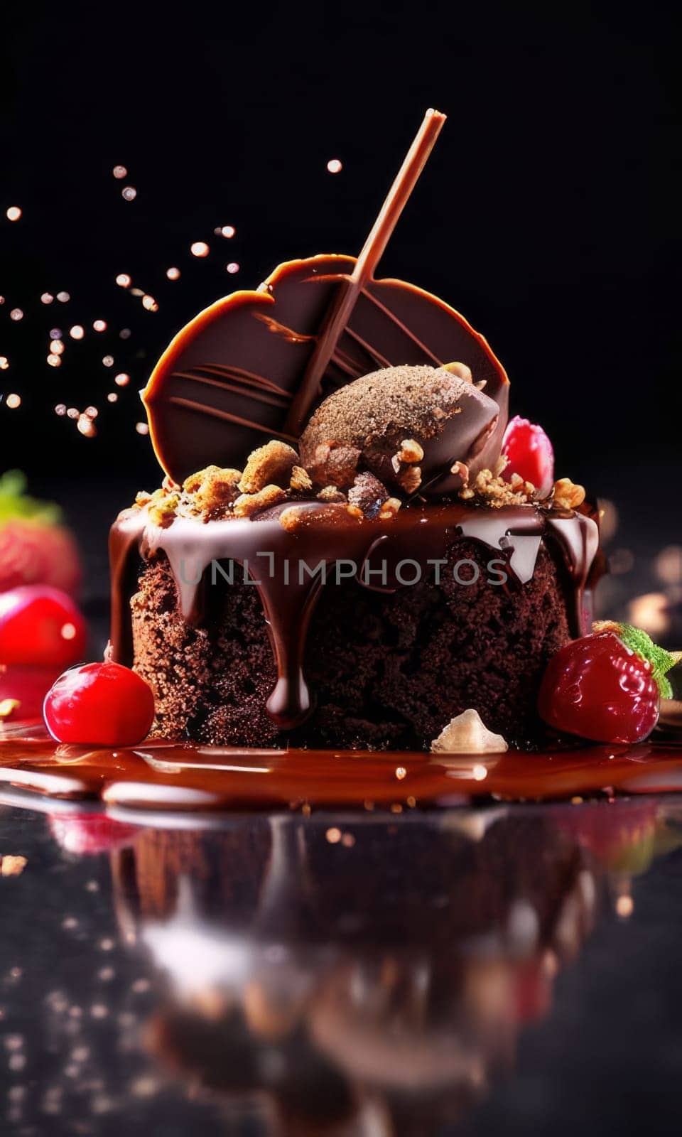 Decadent chocolate cake topped with luscious cherries, drizzled with rich chocolate sauce. For creating recipes on culinary websites, blogs, promoting food products on social media platforms. by Angelsmoon