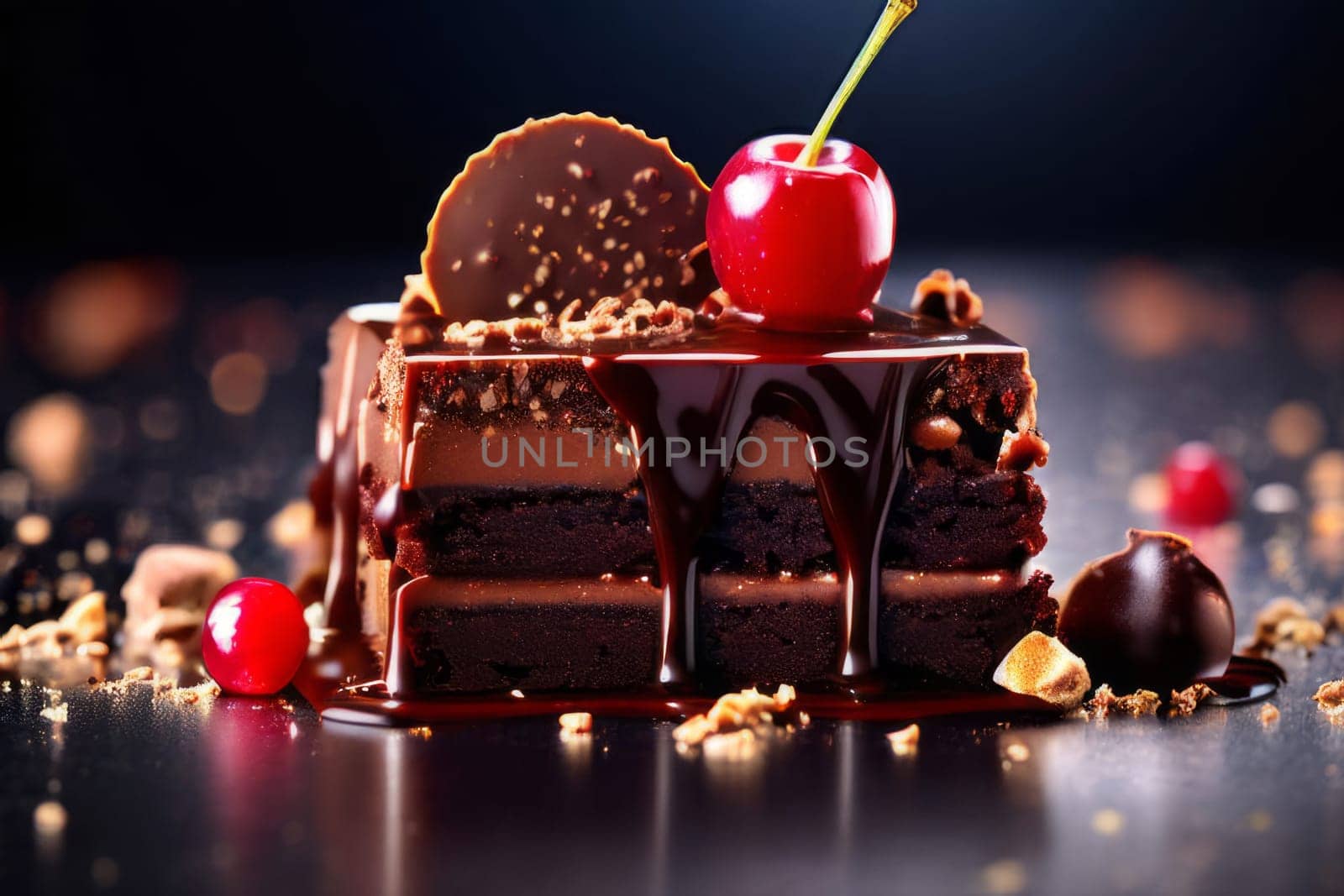 Decadent chocolate cake topped with luscious cherries, drizzled with rich chocolate sauce. For creating recipes on culinary websites, blogs, promoting food products on social media platforms
