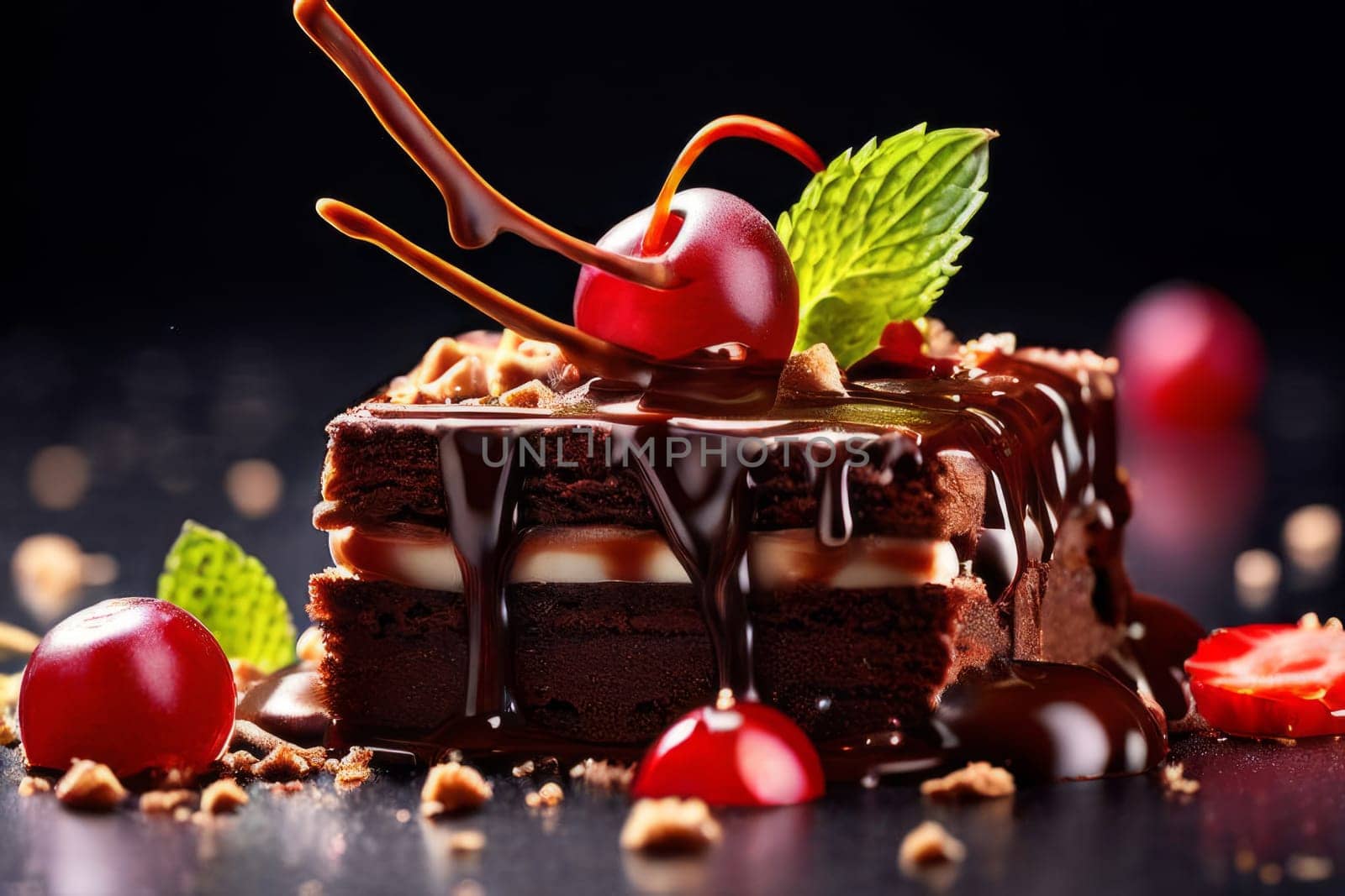 Decadent chocolate cake topped with luscious cherries, drizzled with rich chocolate sauce. For creating recipes on culinary websites, blogs, promoting food products on social media platforms. by Angelsmoon