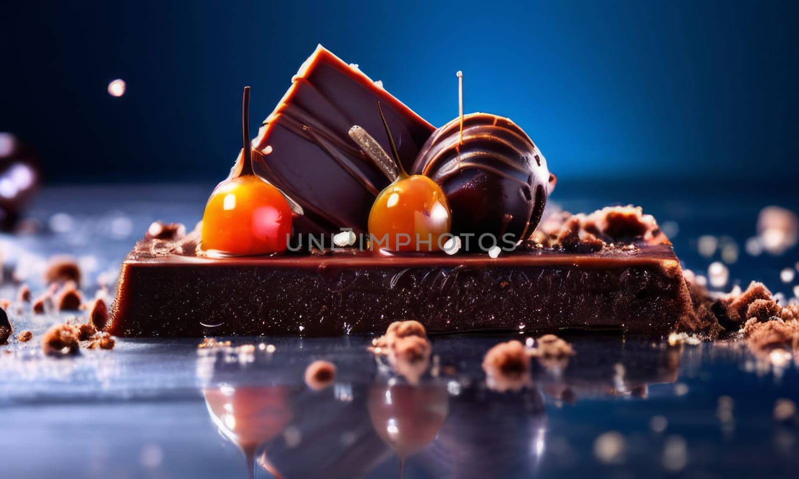 Decadent chocolate cake topped with luscious cherries, drizzled with rich chocolate sauce. For creating recipes on culinary websites, blogs, promoting food products on social media platforms. by Angelsmoon