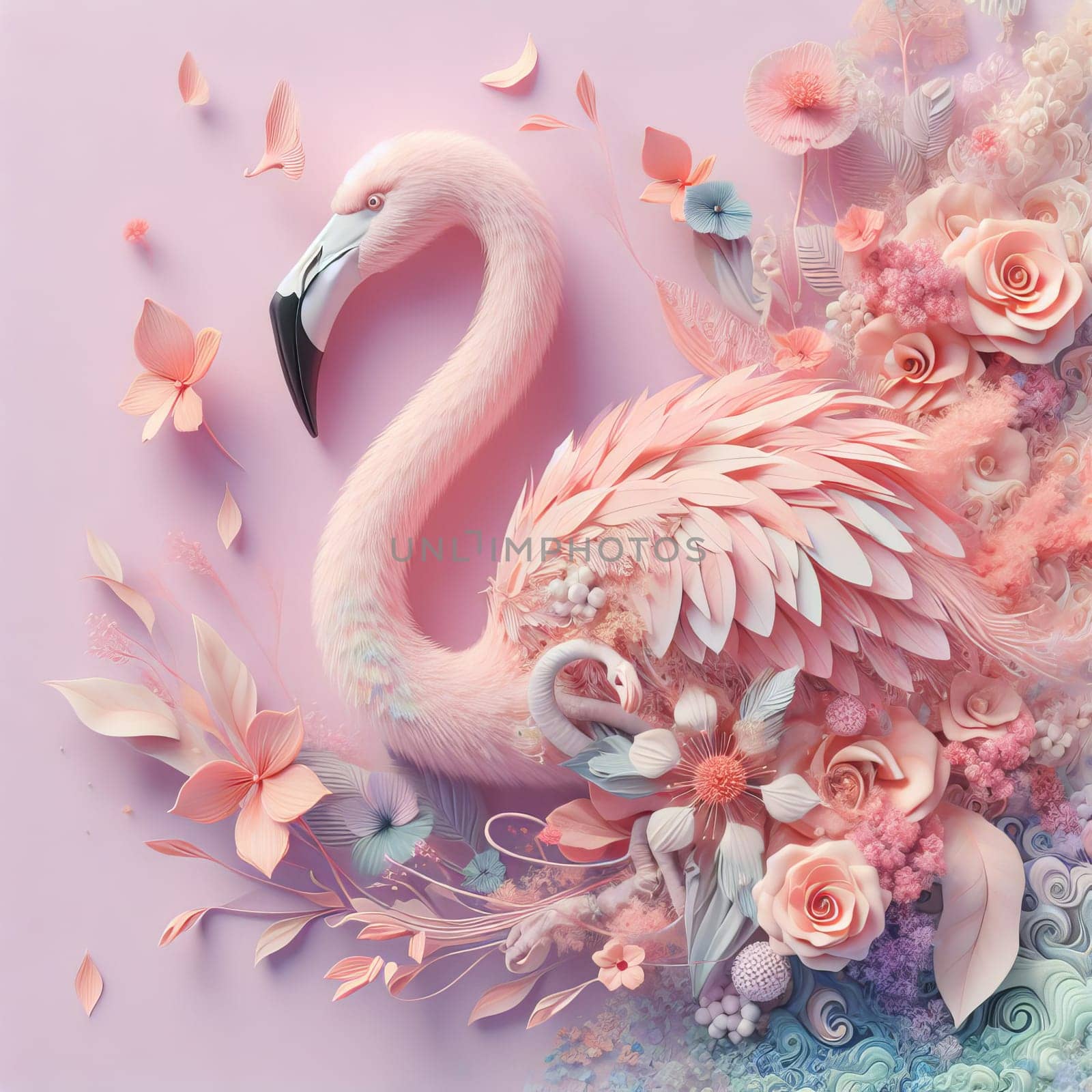 Image of a flamingo in surrealism style with flowers, pastel colors.