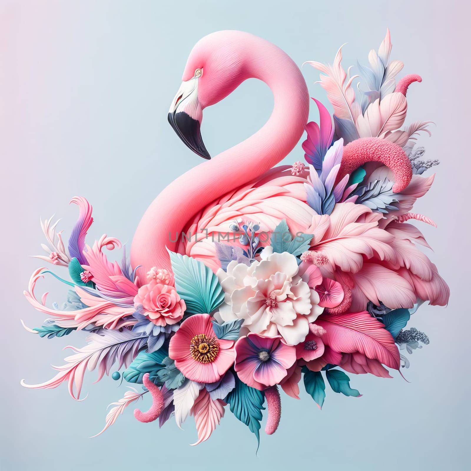 Image of a flamingo in surrealism style with flowers, pastel colors.