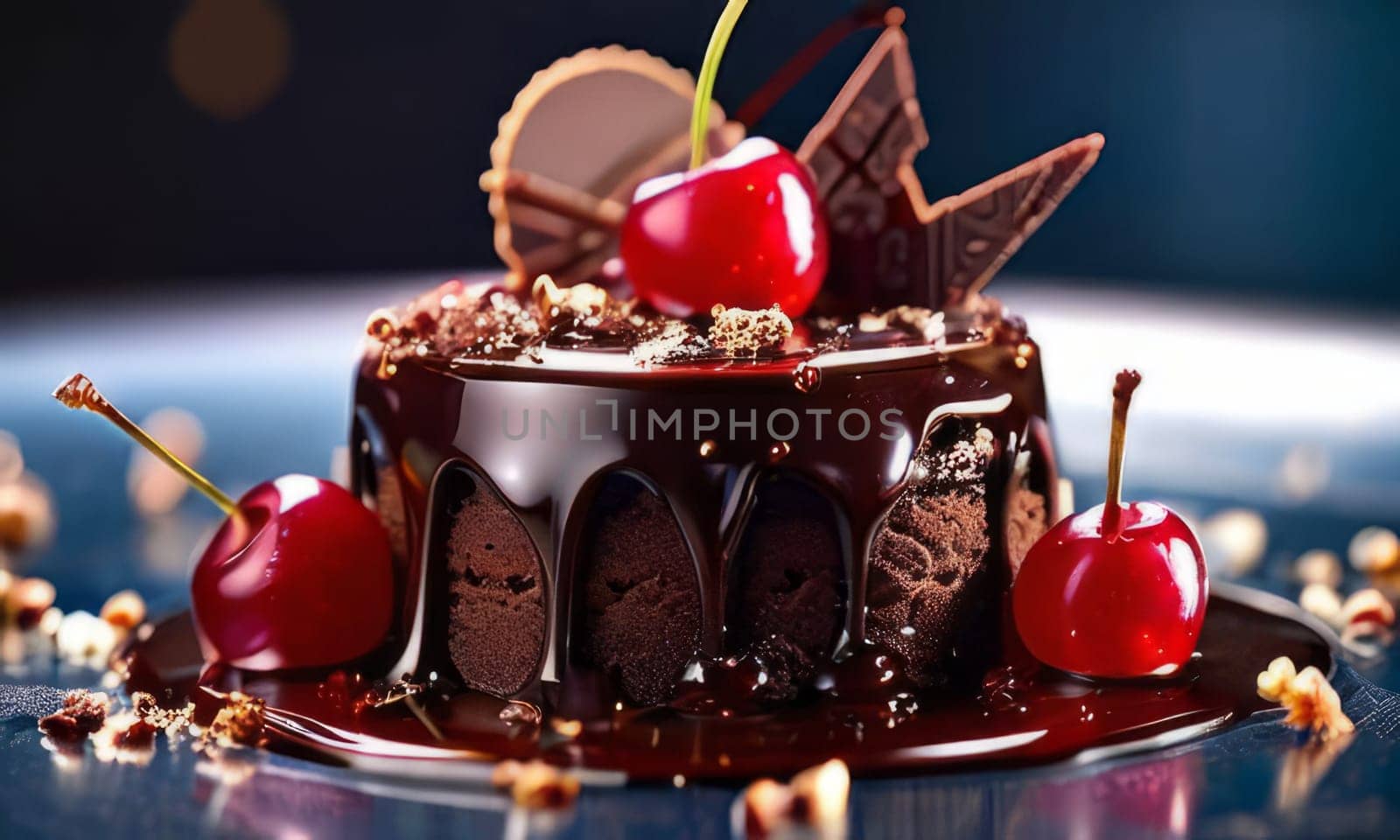 Decadent chocolate cake topped with luscious cherries, drizzled with rich chocolate sauce. For creating recipes on culinary websites, blogs, promoting food products on social media platforms. by Angelsmoon