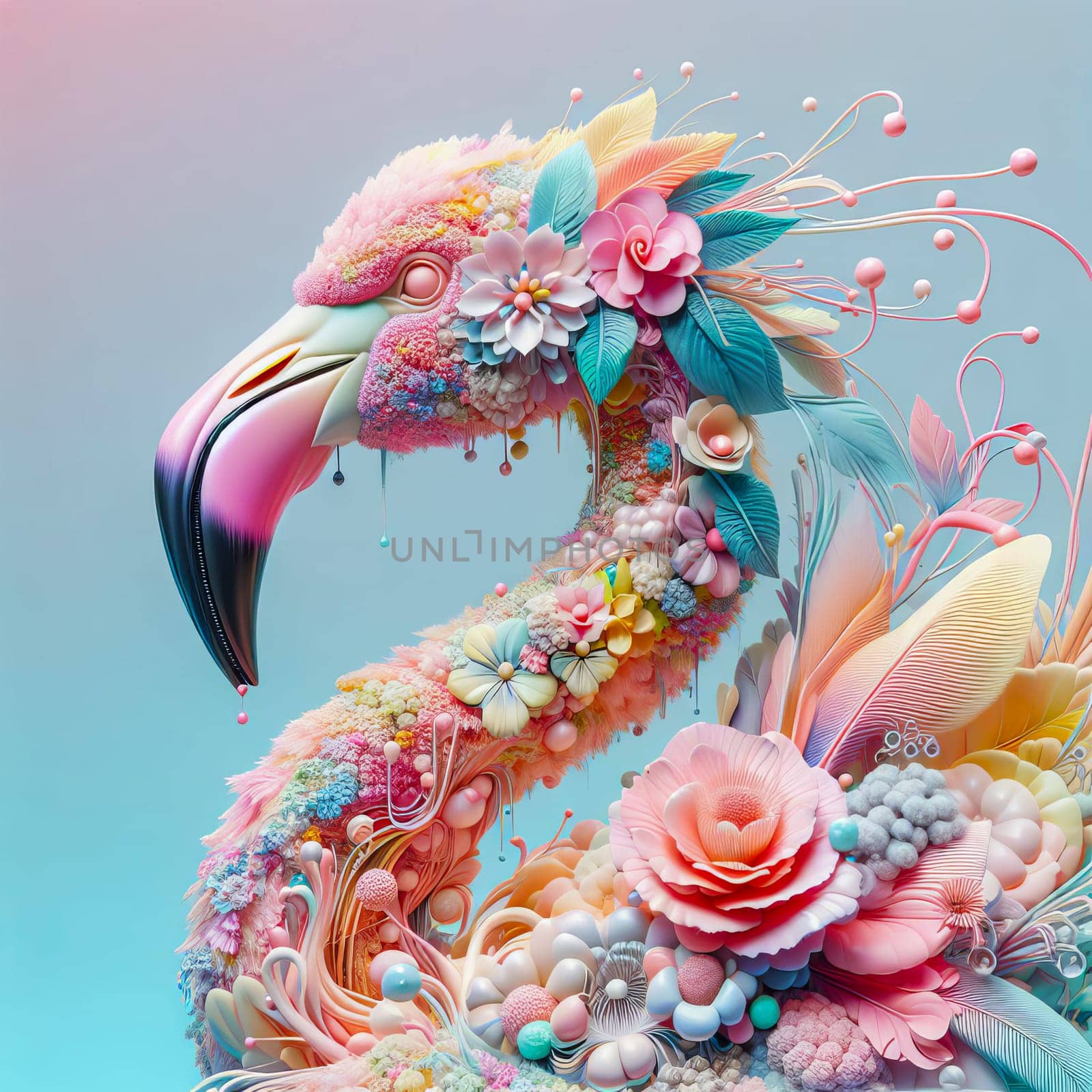 Image of a flamingo in surrealism style with flowers, pastel colors.