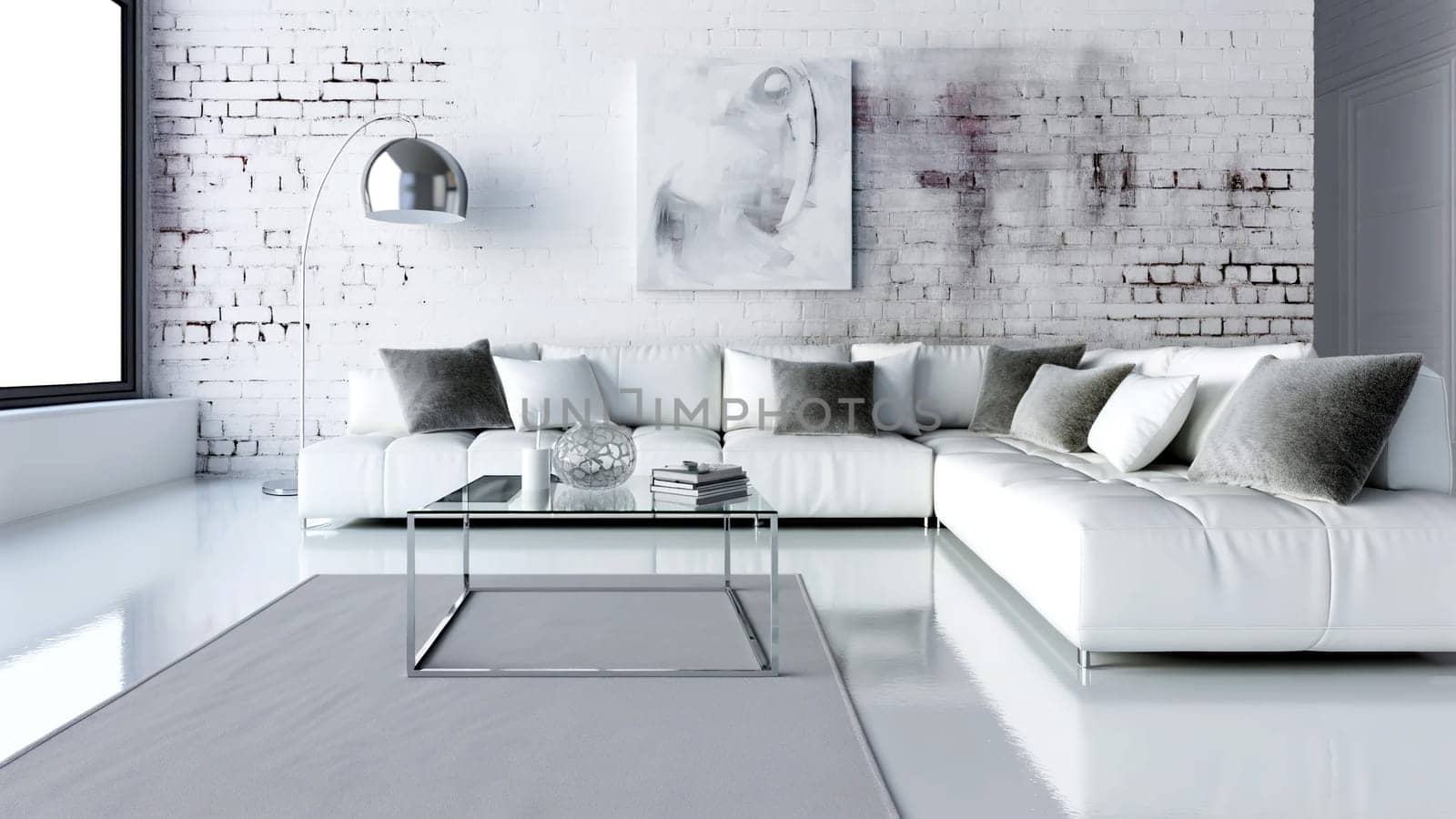 Modern living room in white tones in loft style.