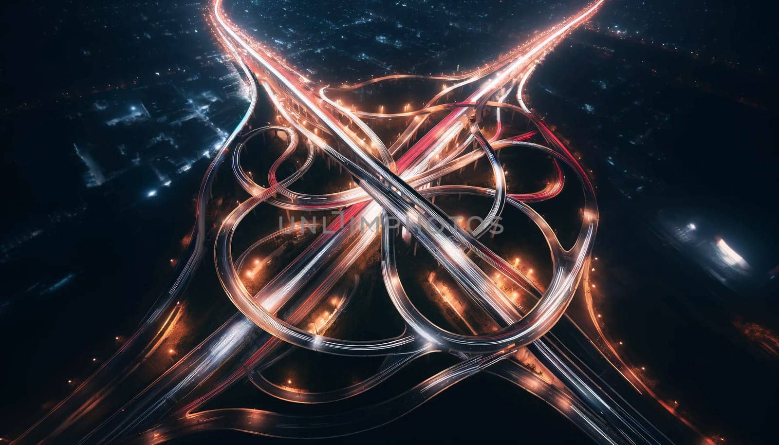 Car roundabout multi-level illuminated interchange at night, aerial photo by Annado