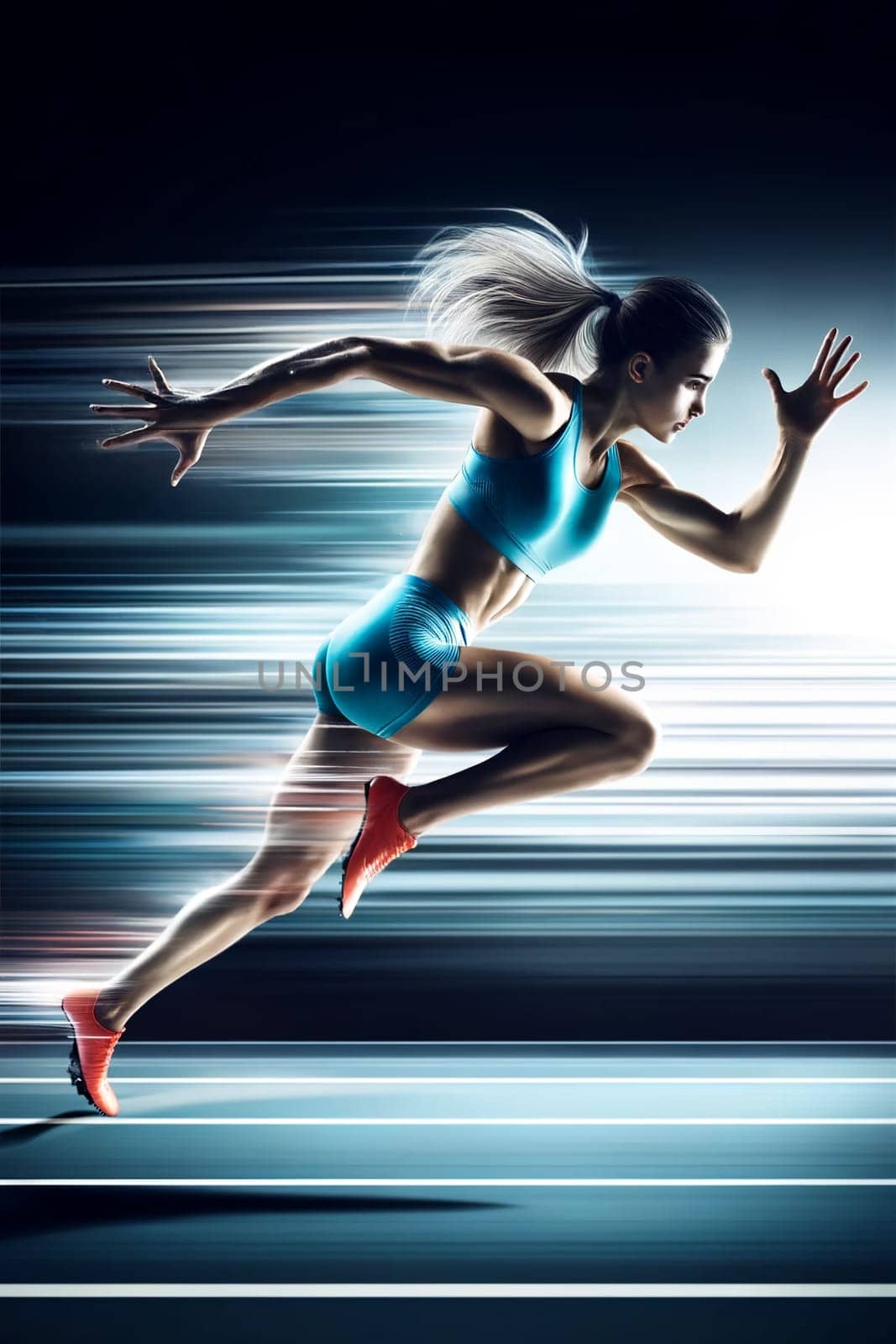 Side view of fast running girl athlete by Annado