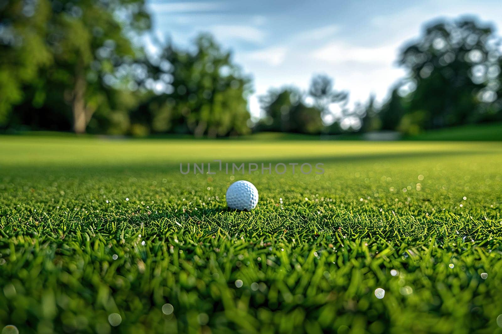 Field with green lawn and white golf ball. Golf game concept.