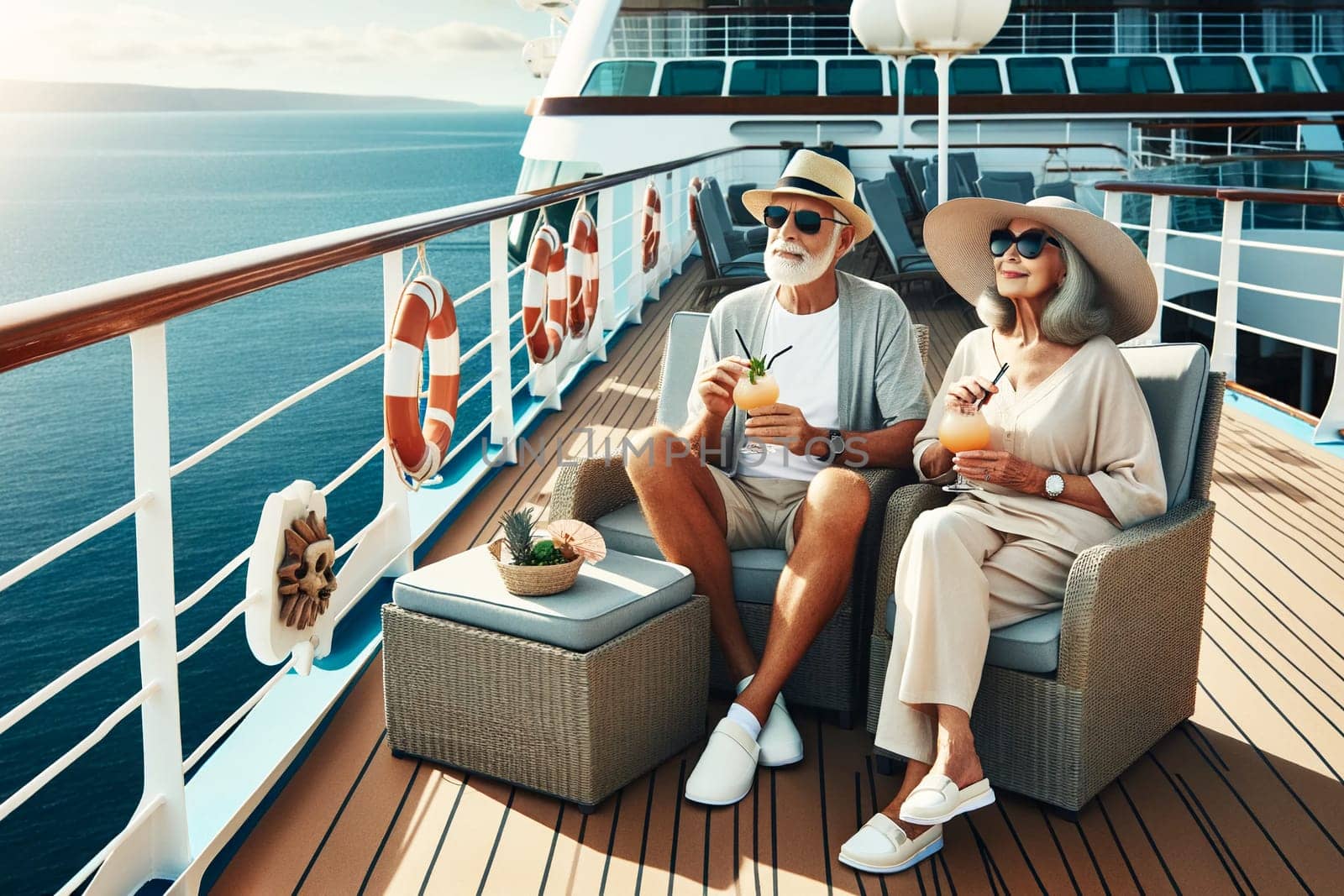 An older couple on the deck of a cruise ship in armchairs on a sunny day.