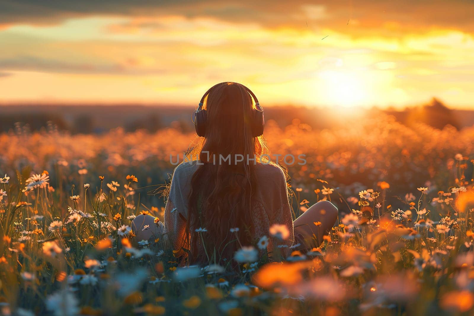 Rear view of a girl with long hair in large headphones sitting in a field of flowers at dawn, sunset. Generated by artificial intelligence by Vovmar
