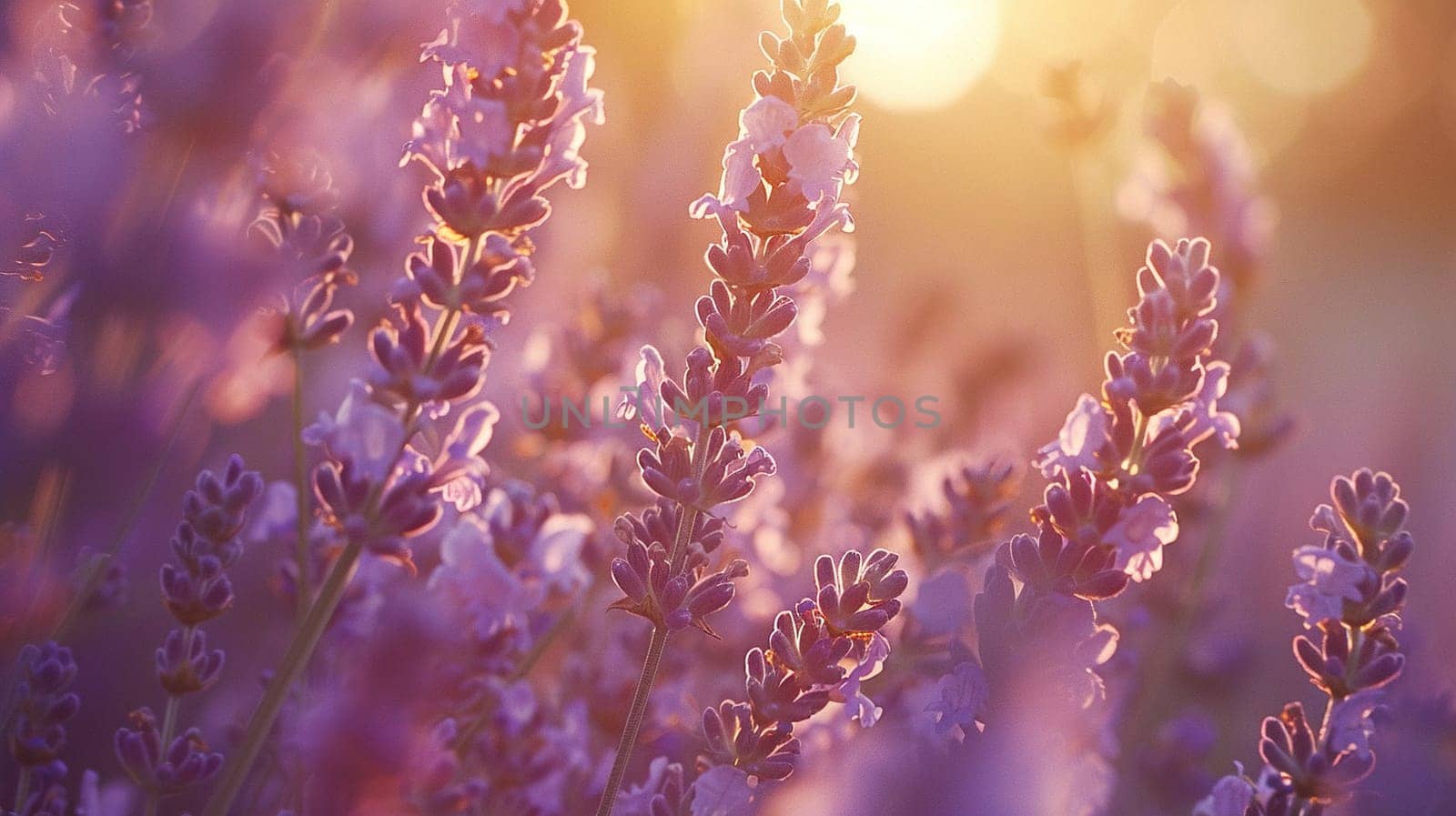 Abstract horizontal background with lavender and golden bokeh.