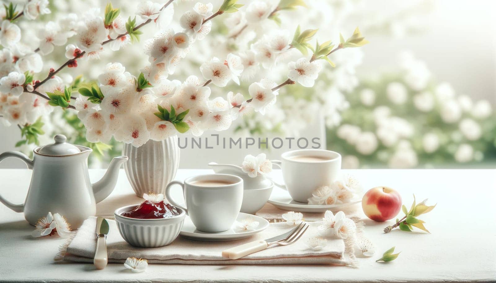 two cups of tea, a teapot and a bowl of berry jelly on a white table in the garden under flowering white branches by Annado