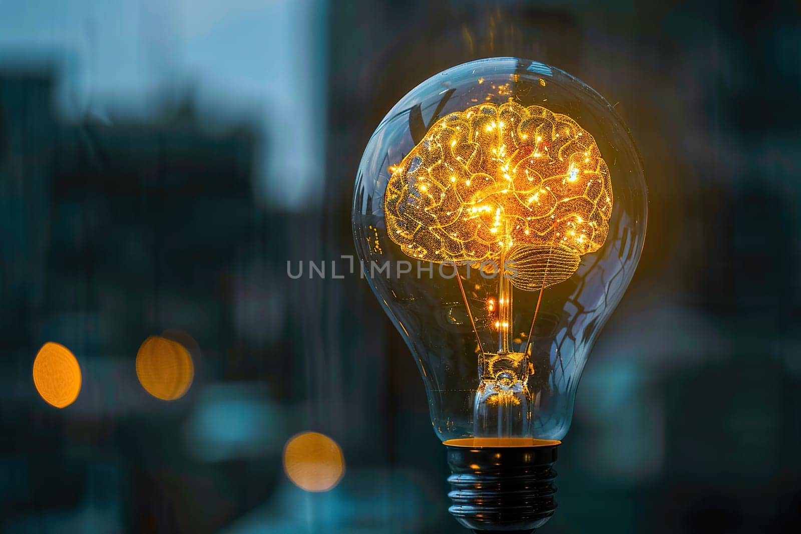 Light bulb with a picture of a brain inside in a yellow glow on a blurred background.