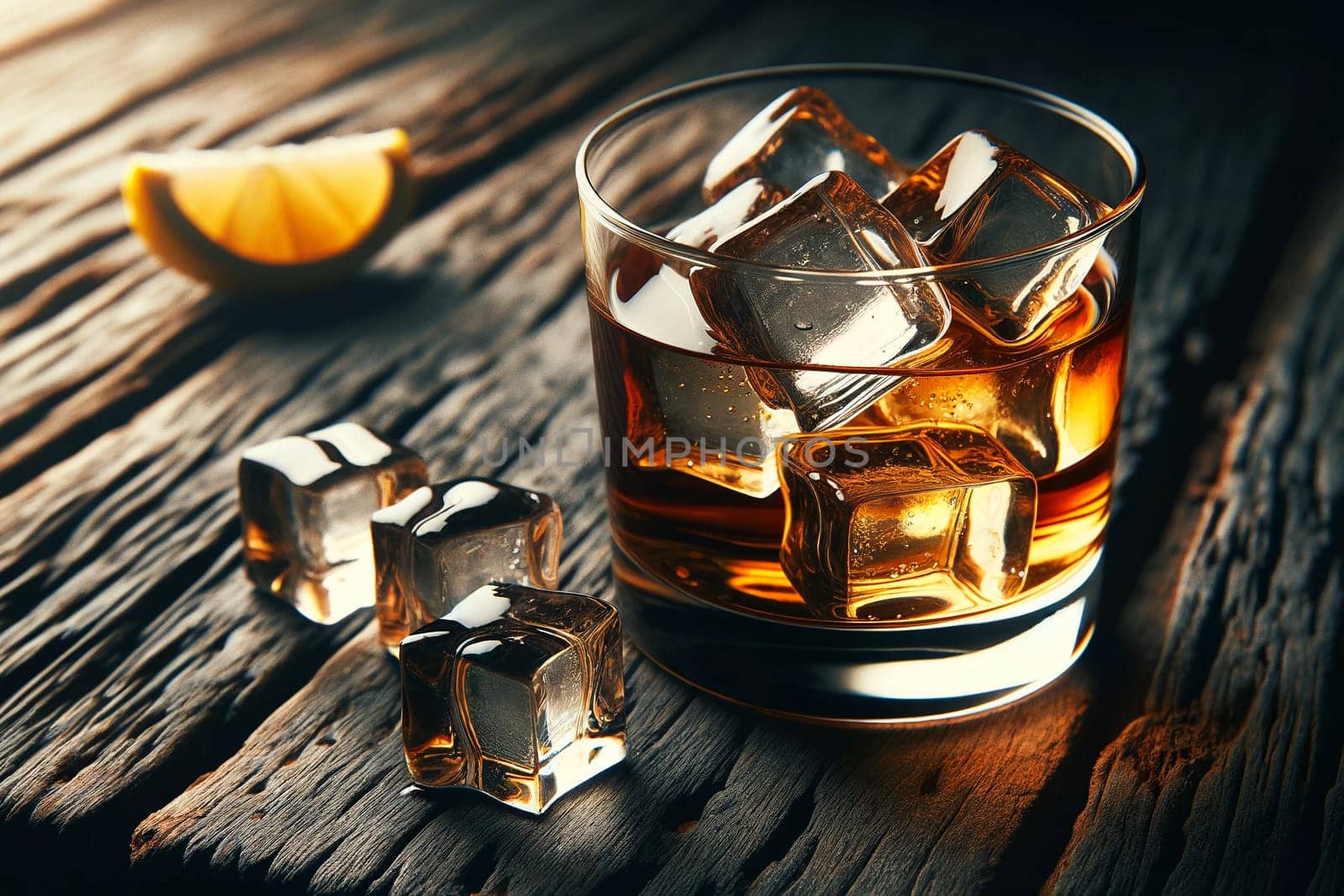 Glass of whiskey with ice and a slice of lemon on a brutal wooden table.