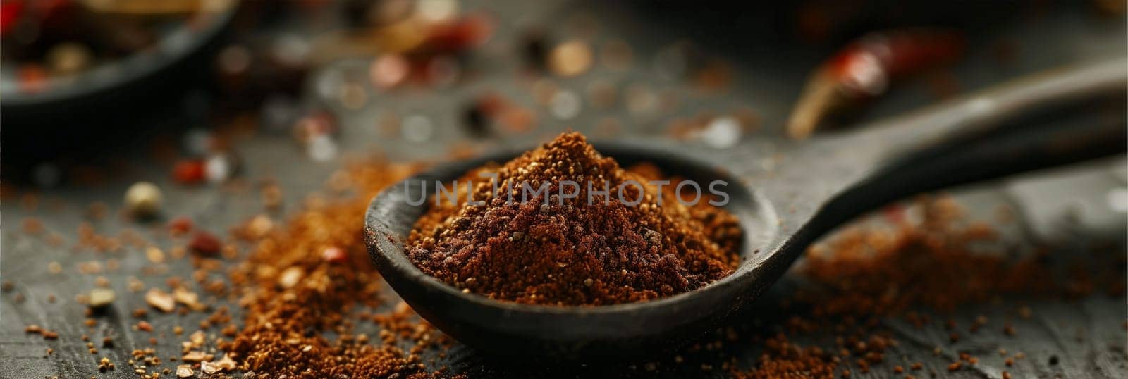 A stainless steel spoon holds a small amount of vibrant red powder on its surface.