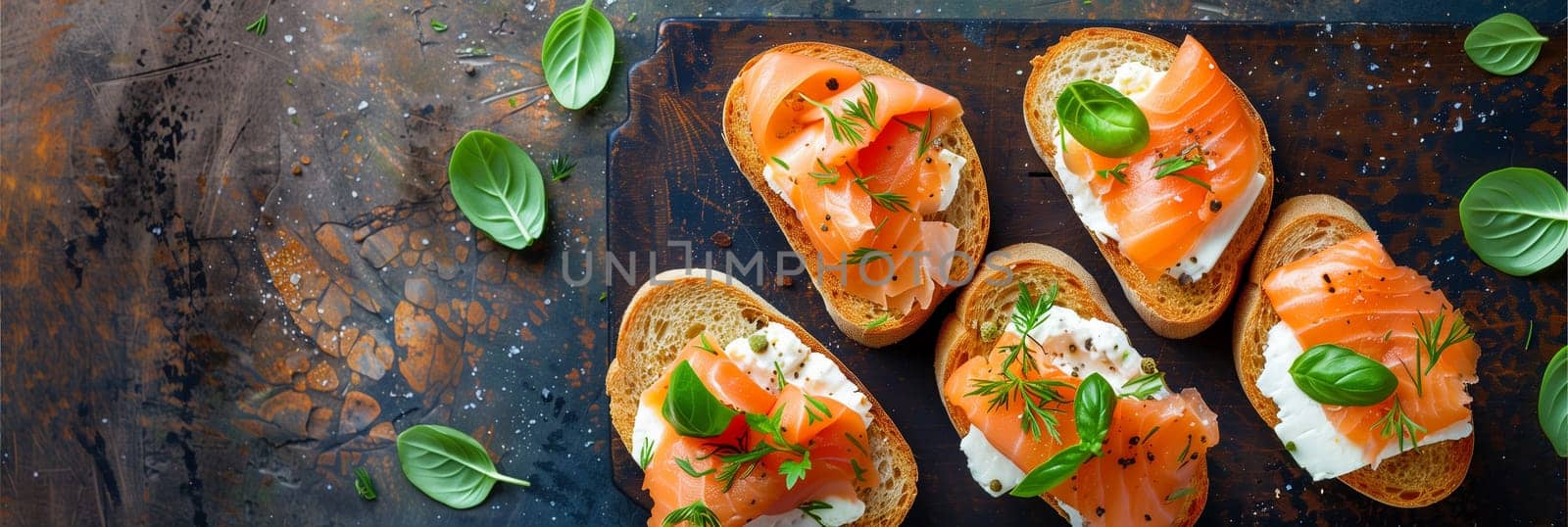 A plate featuring a selection of bread topped with slices of flavorful salmon and a generous spread of creamy cheese.